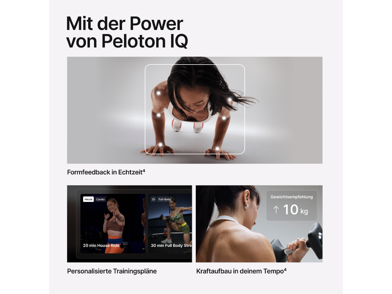 Frau macht Liegestütze. Darunter zeigen Bildschirme Trainingsvideos. Rechts hebt eine Frau Gewichte mit einer Gewichtsempfehlung von 10 kg.