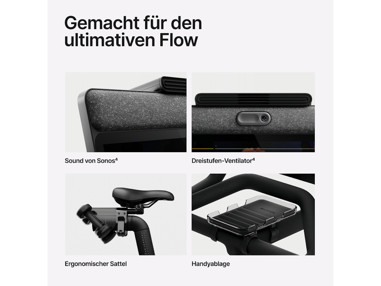 Details eines Peloton-Bikes: Lautsprecher, Ventilator, Sattel und Telefonhalter werden gezeigt. Der Text lautet 'Gemacht für den ultimativen Flow'.