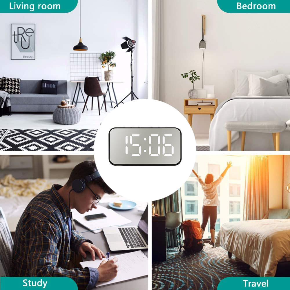 Uhr zeigt 15:06 in einer Collage: Wohnzimmer, Schlafzimmer, Arbeitszimmer und Reiseszenen.