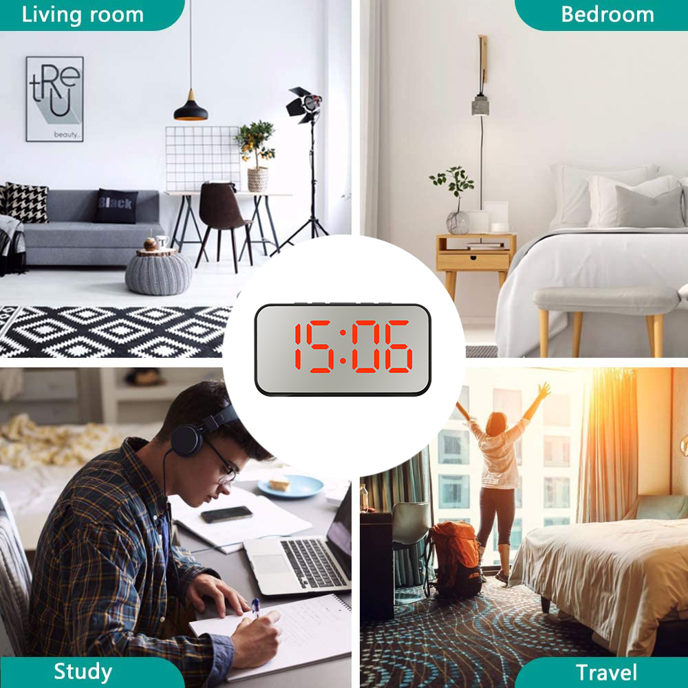 Das Bild zeigt vier Szenen: ein Wohnzimmer, ein Schlafzimmer, ein Arbeitszimmer und eine Reiseszene. Eine Digitaluhr zeigt die Uhrzeit 15:06 an.