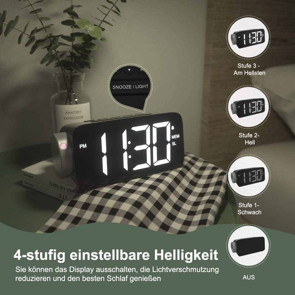 Eine Digitaluhr mit der Anzeige 11:30, mit einstellbaren Helligkeitsstufen, auf karierter Oberfläche, mit Pflanzen und Textdetails.