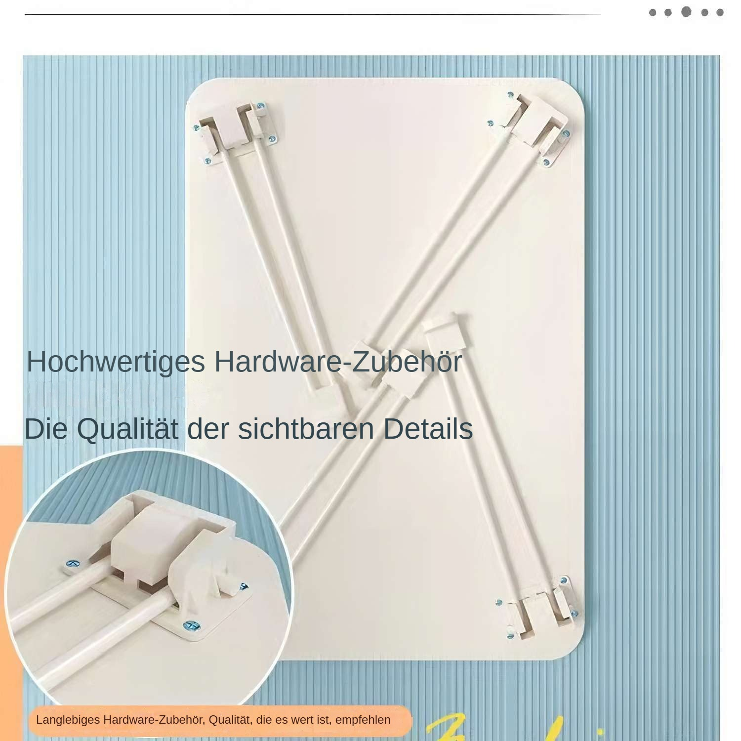 Ein weißer, zusammenklappbarer Tisch mit weißen Beinen und Hardware. Der Text auf dem Bild lautet 'Hochwertiges Hardware-Zubehör'.