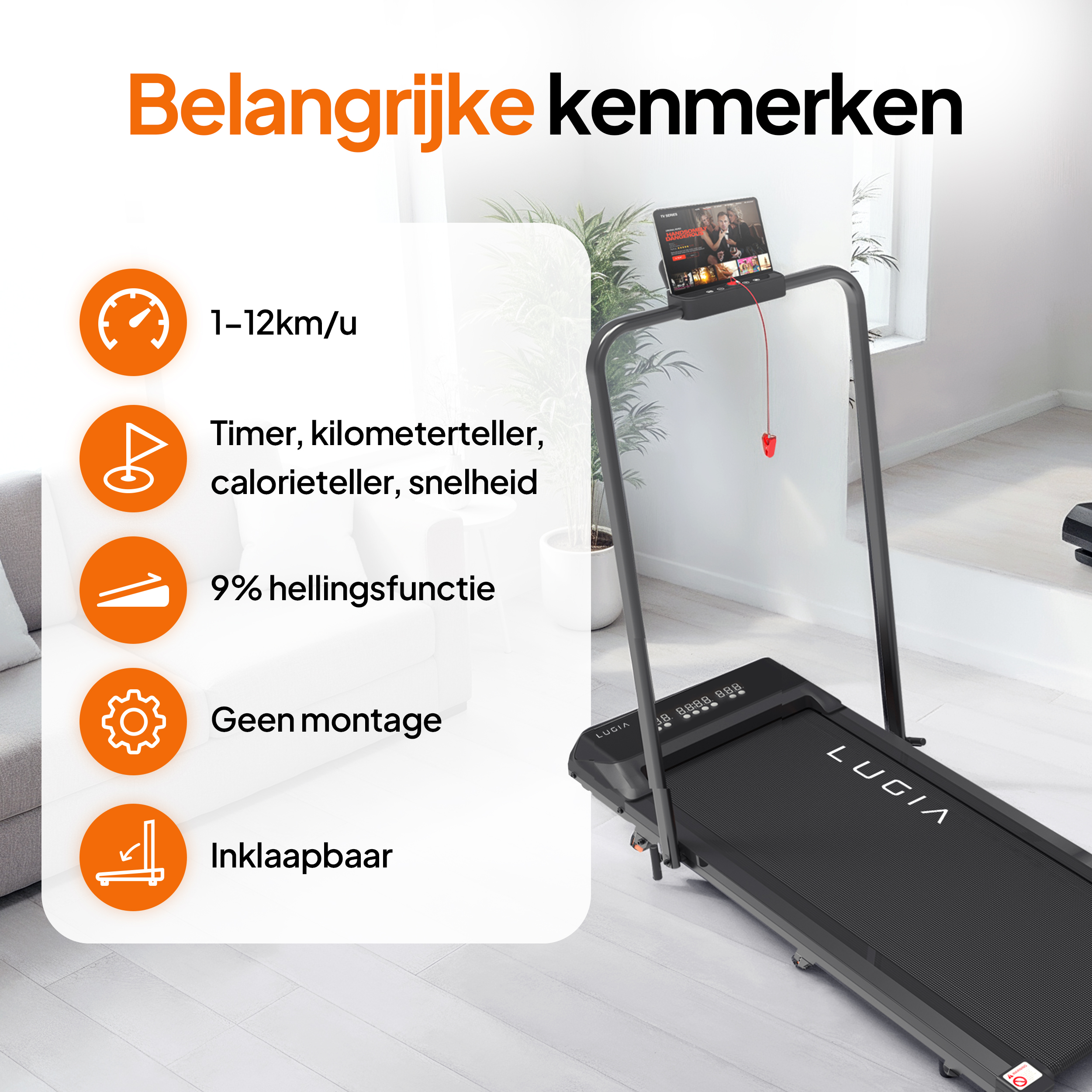 Ein schwarzes Laufband mit einem Tablet darauf. Zu den Merkmalen gehören Geschwindigkeit, Timer, Steigung und Faltung.