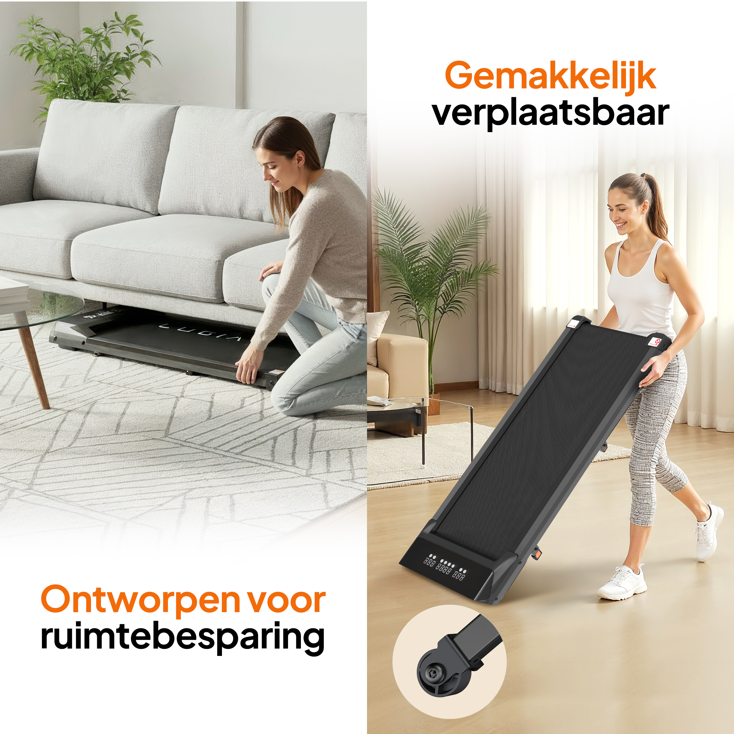 Das Bild zeigt eine Frau, die ein Laufband unter einem Sofa benutzt. Eine andere Frau trägt ein Laufband. Text auf dem Bild.