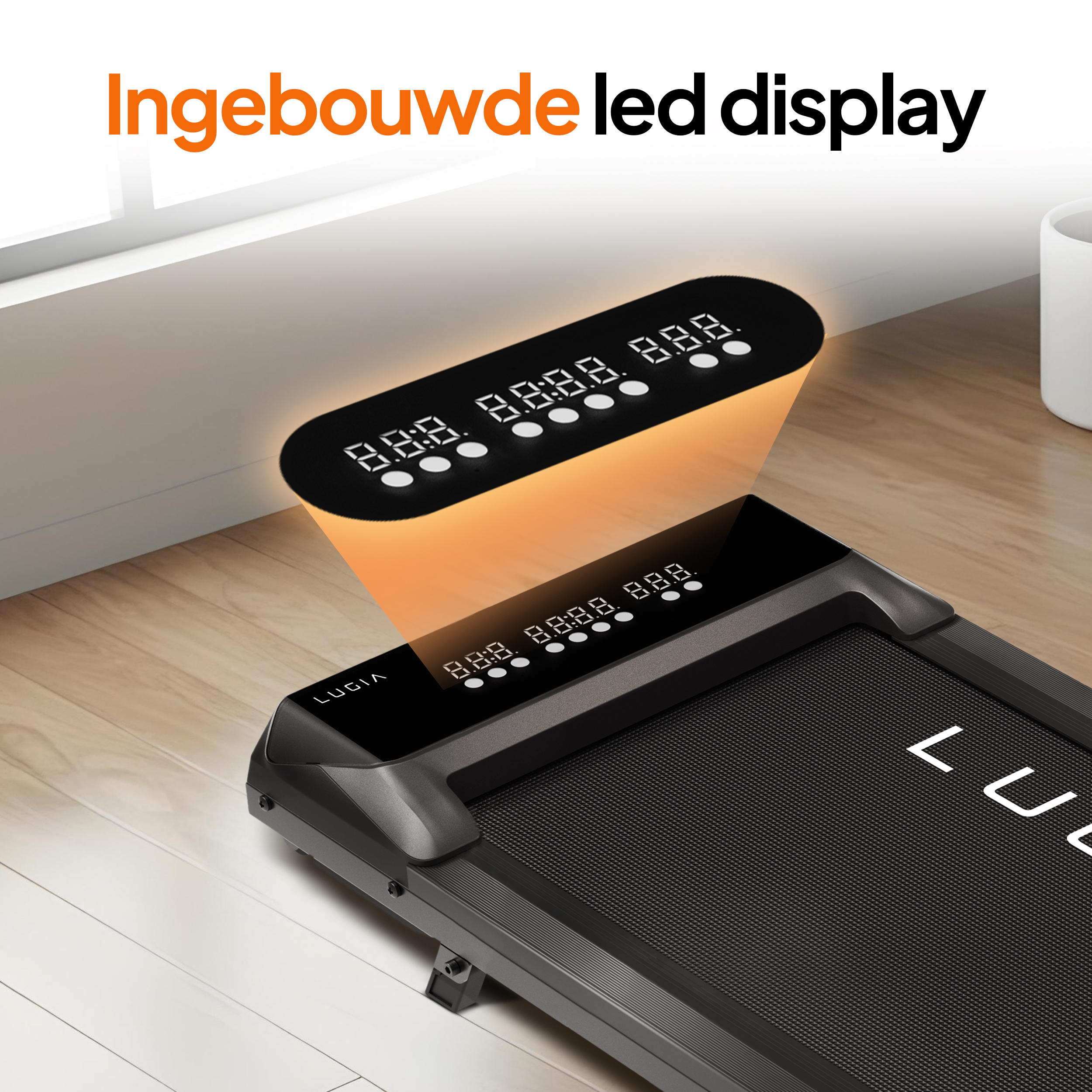 Ein Laufband mit LED-Anzeige zeigt Zahlen. Die Anzeige befindet sich über der Lauffläche. Die Worte darauf lauten: Ingebouwde led display.
