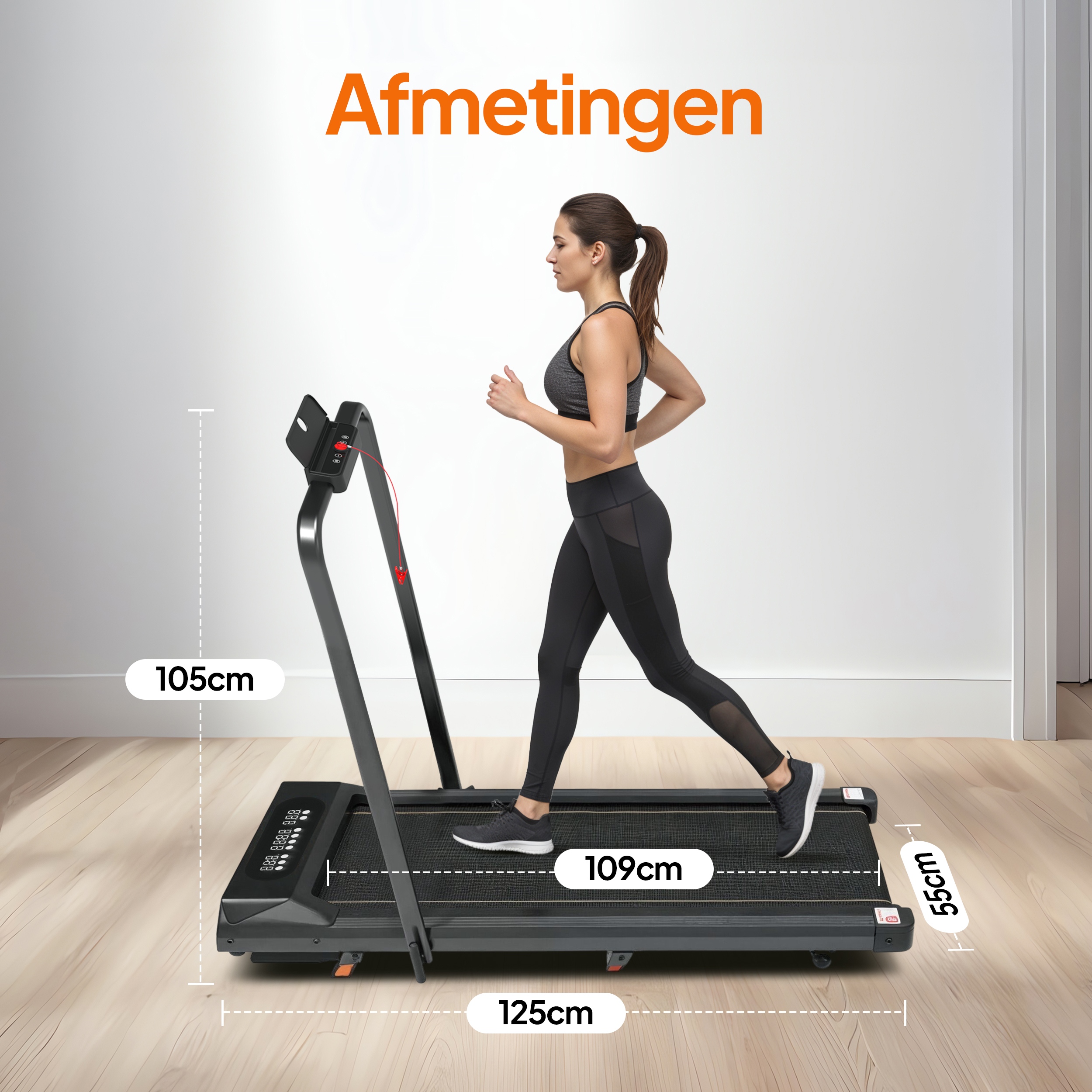 Eine Frau läuft auf einem Laufband. Das Bild zeigt die Abmessungen des Laufbands. Das Wort „Afmetingen“ ist oben orange.