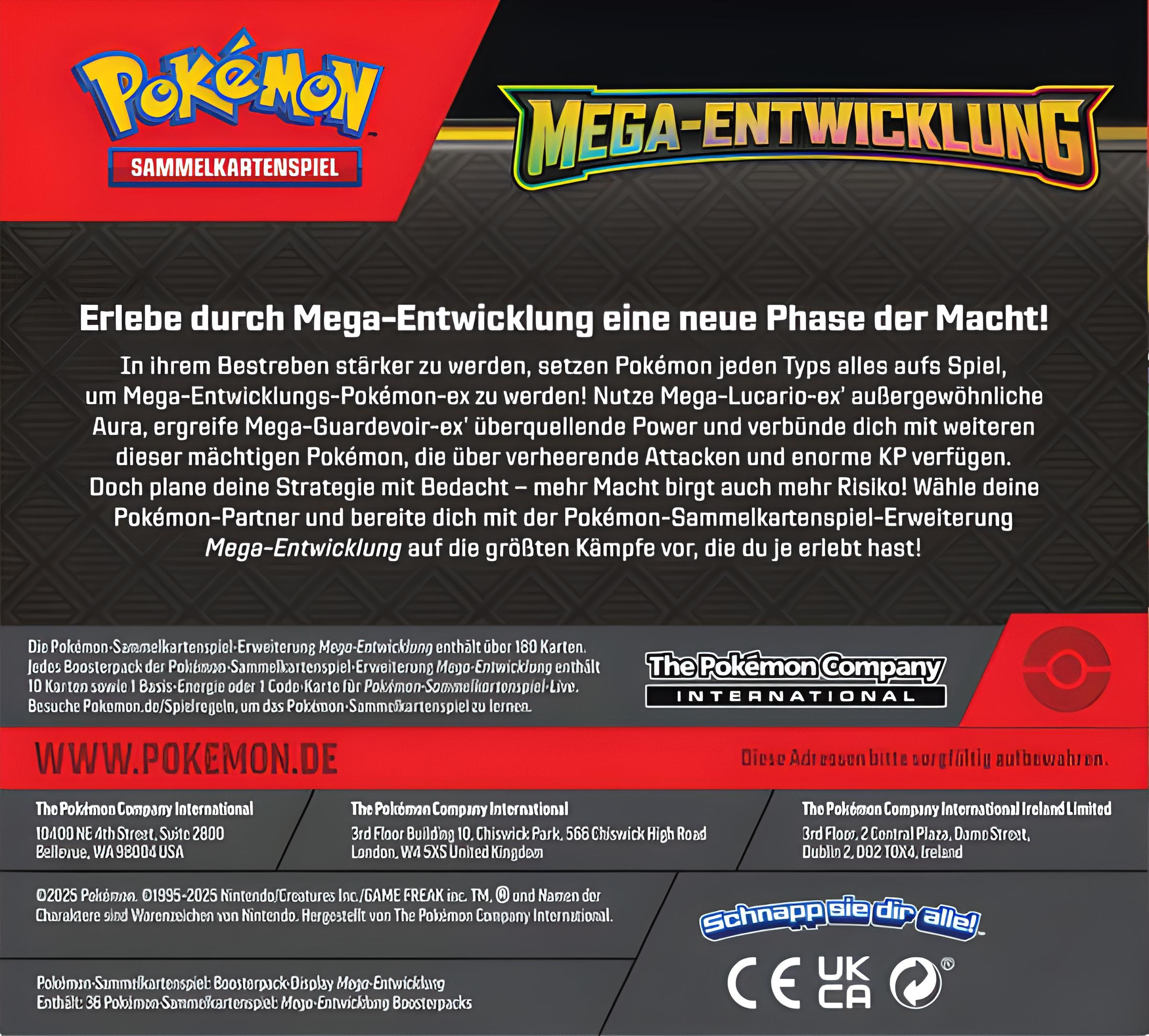 Ein Pokémon-Kartenpack mit dem Titel 'MEGA-ENTWICKLUNG'. Es zeigt bunte Logos und Text mit rotem und schwarzem Hintergrund.