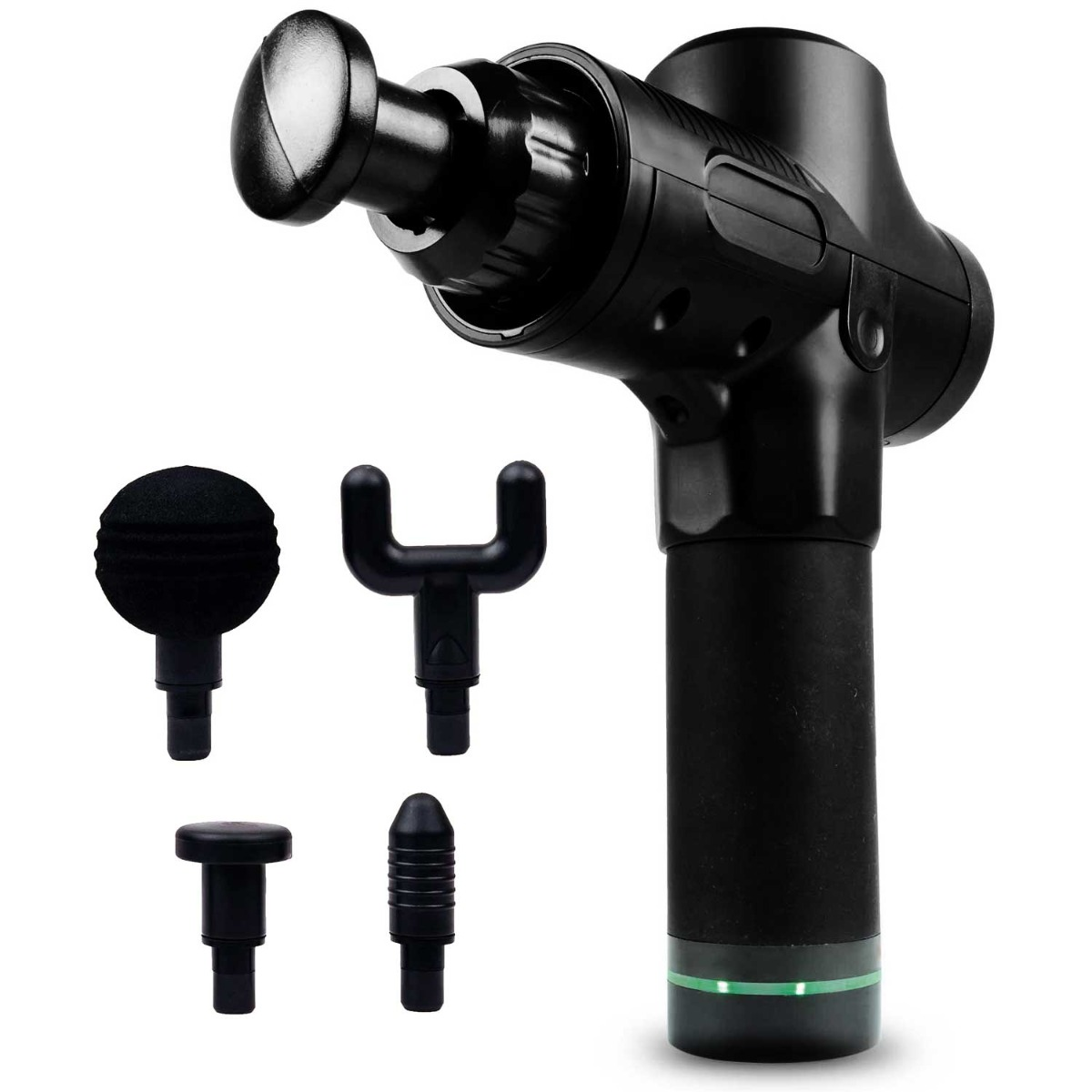Czarny pistolet do masażu z czterema wymiennymi głowicami. Pistolet stoi na białym tle. Jest to urządzenie do regeneracji mięśni.