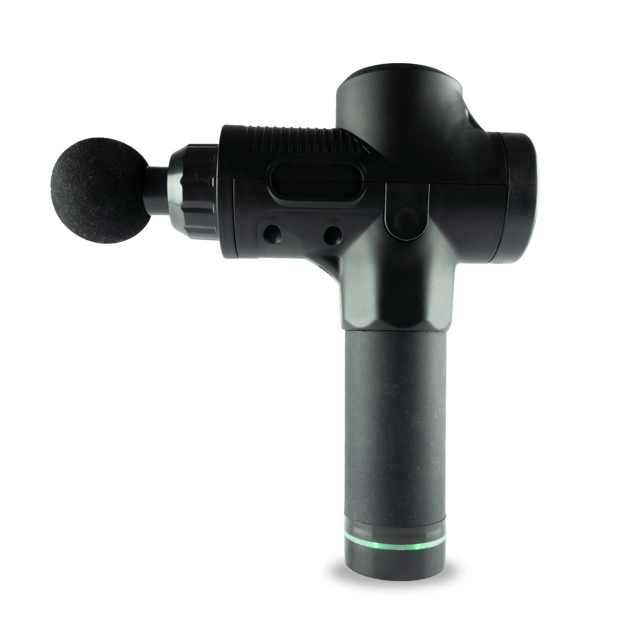 Czarny pistolet do masażu na białym tle. Ma okrągłą głowicę, uchwyt i jest przeznaczony do masażu mięśni.