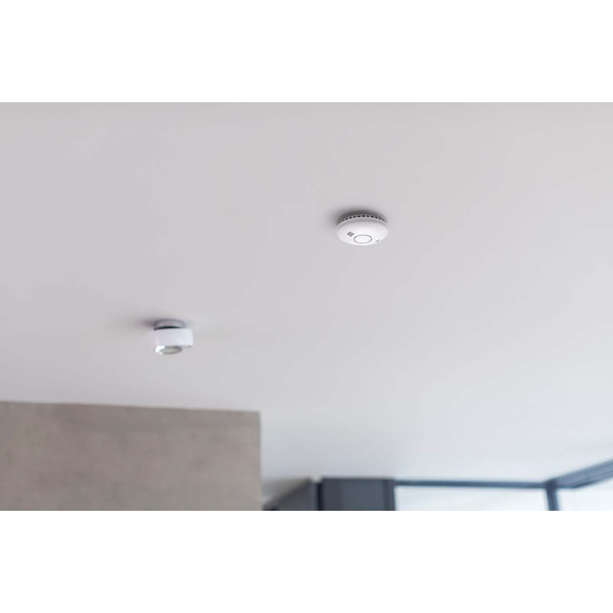 Dos artefactos blancos en el techo contra un techo blanco. Uno es un detector de humo, el otro un accesorio de luz. Una pared al fondo.