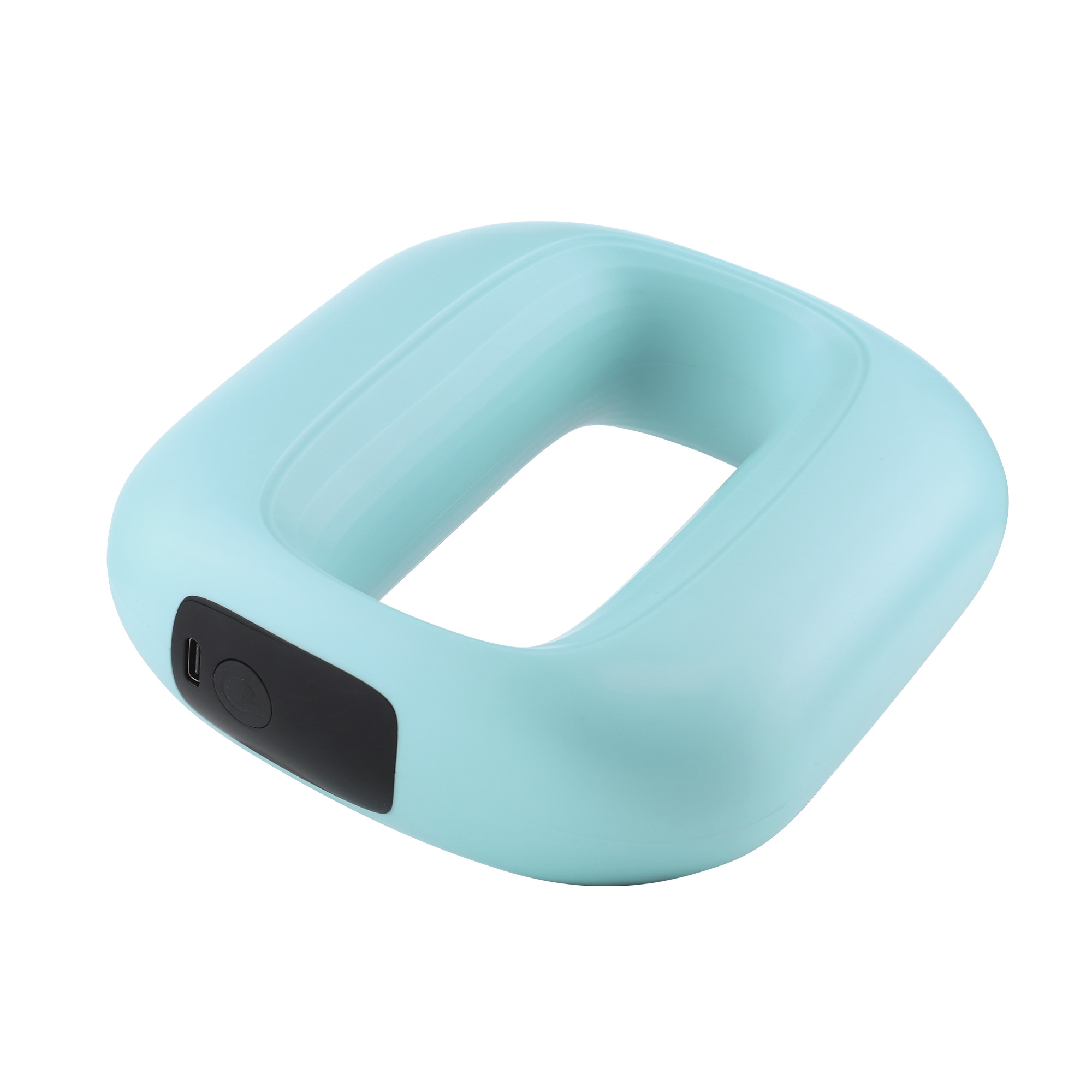 Jasnoniebieskie urządzenie w kształcie kwadratu z czarnym panelem zawierającym przycisk i port, na białym tle.