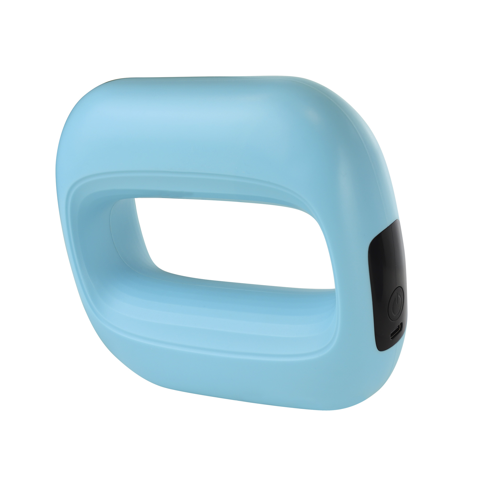 Jasnoniebieskie urządzenie w kształcie uchwytu z czarnym przyciskiem zasilania. Tło jest białe.