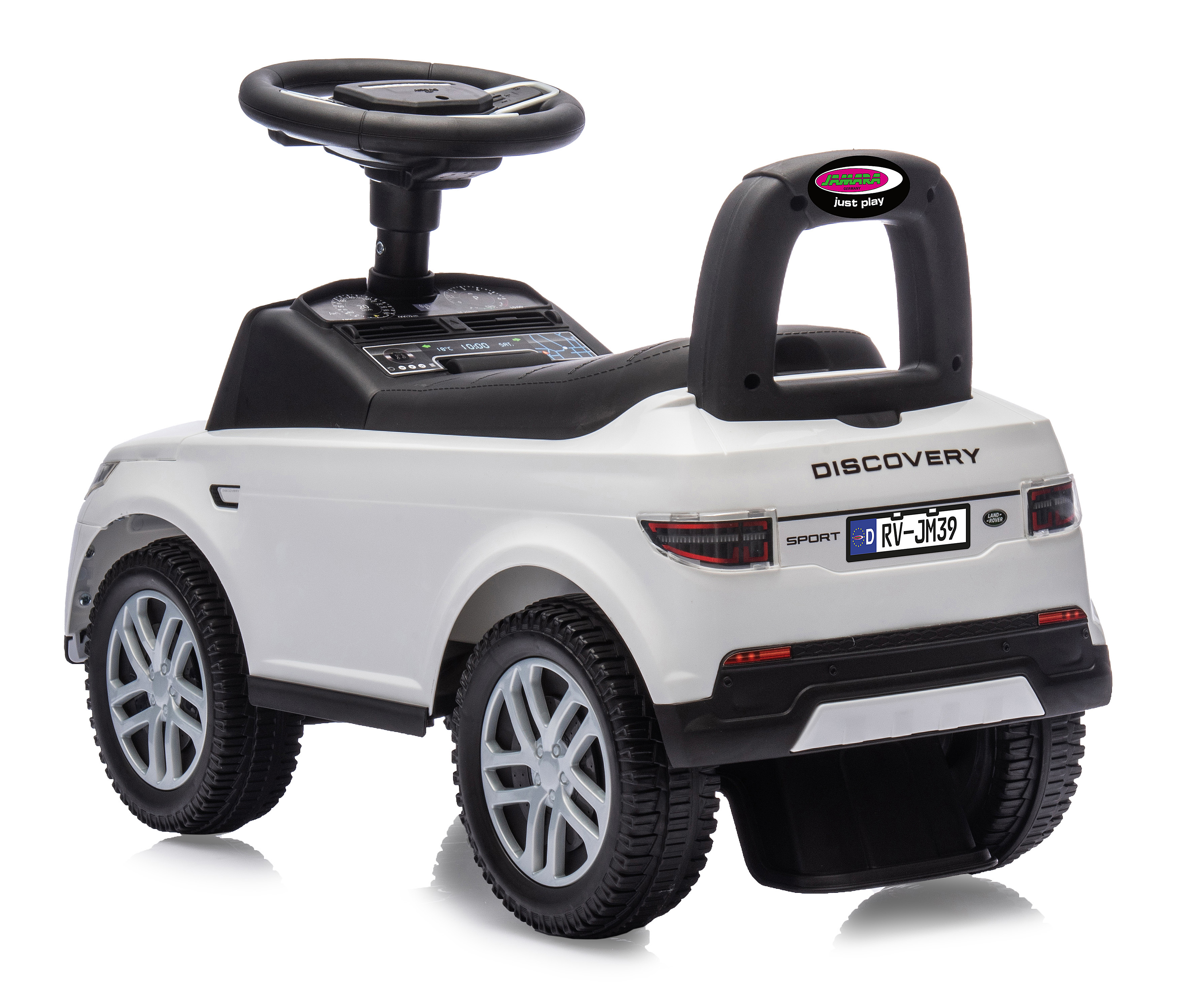 Coche de juguete blanco con detalles negros, volante y asa. Presenta etiquetas "Discovery" y "Sport", y matrícula.