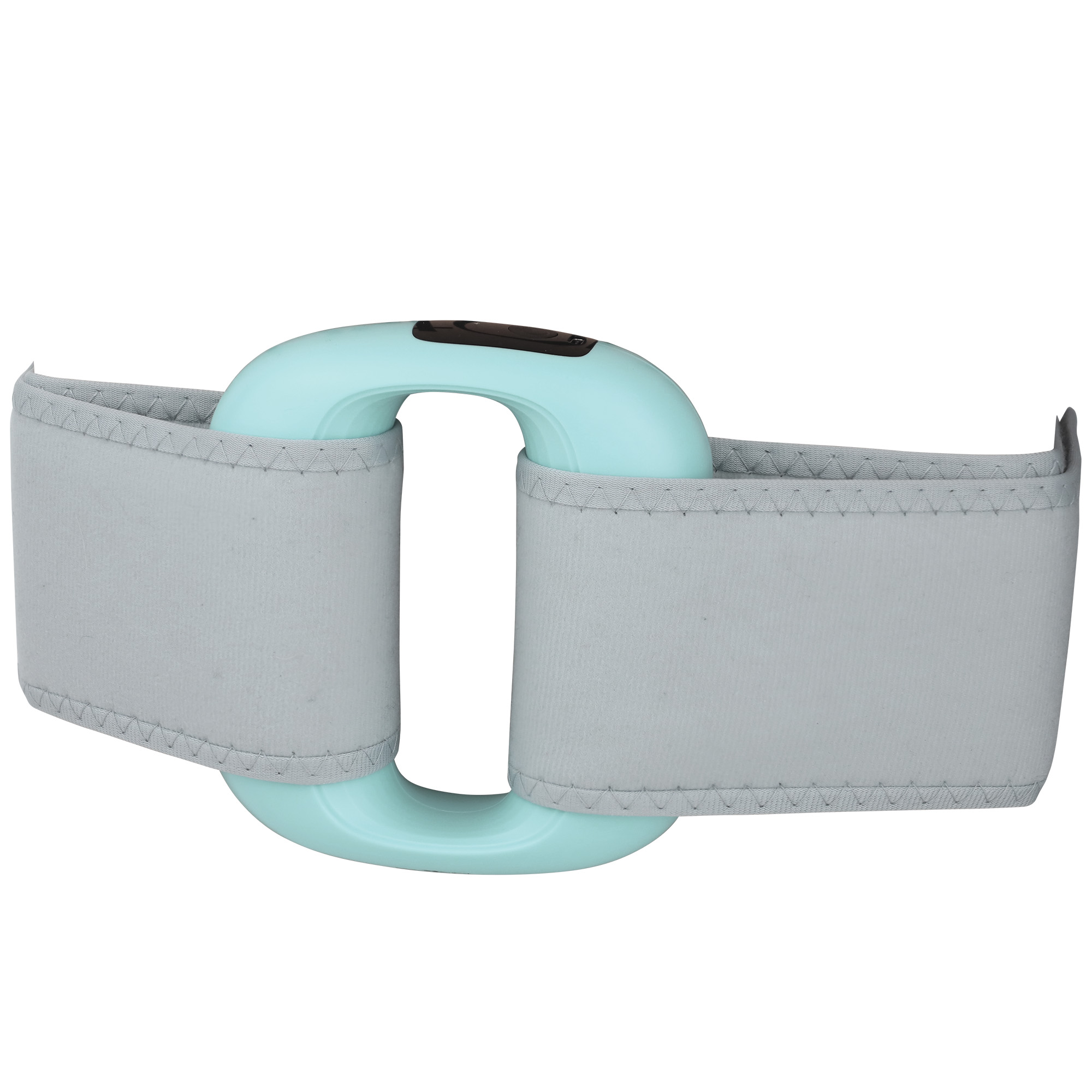 Jasnoniebieskie urządzenie do ćwiczeń. Posiada zakrzywiony uchwyt i szare paski materiałowe. Jest na białym tle.