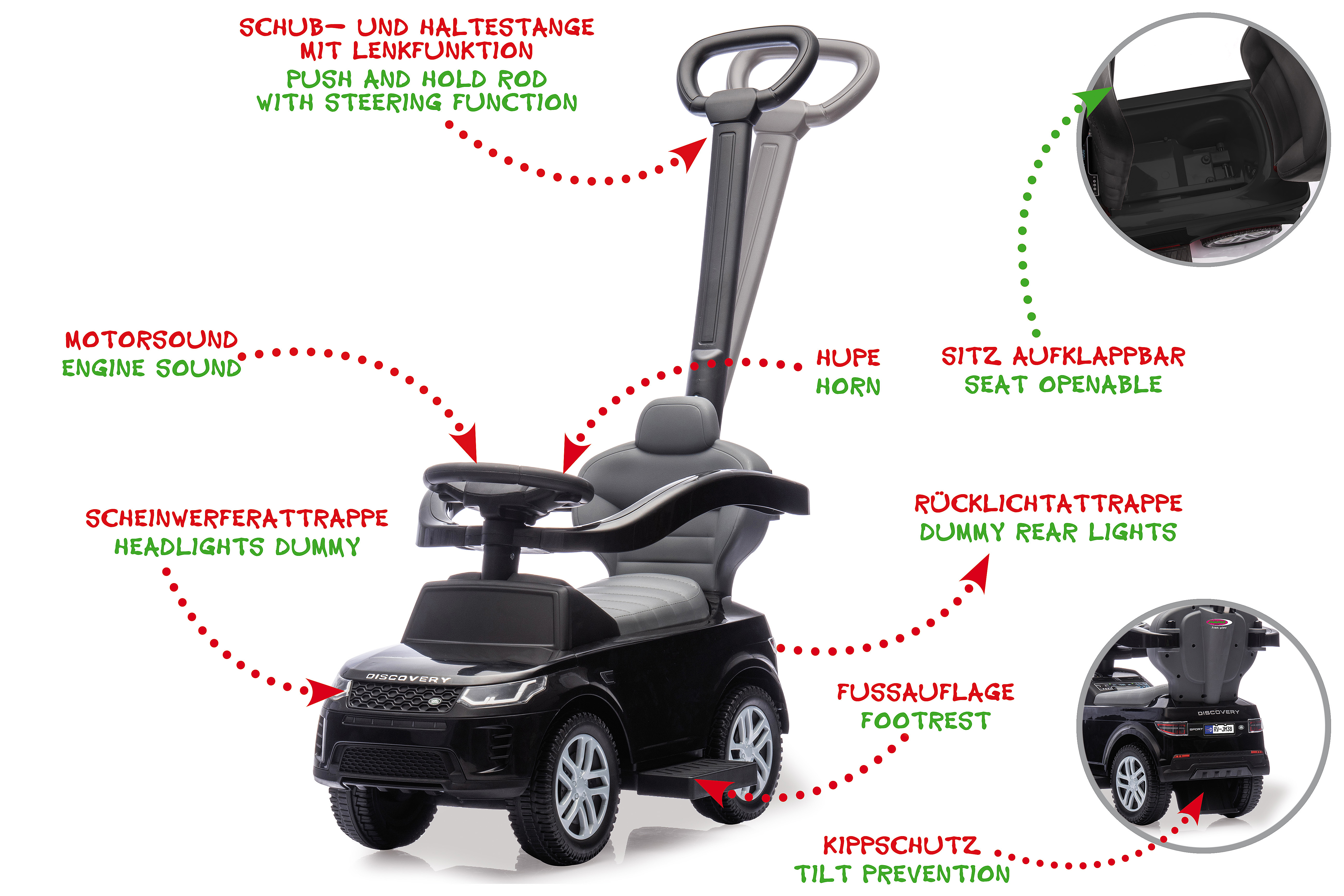 Schwarzes Spielzeugauto mit Schiebegriff. Merkmale: Scheinwerfer, Hupe, Fußstütze und Dummy-Leuchten. Der Sitz ist aufklappbar.