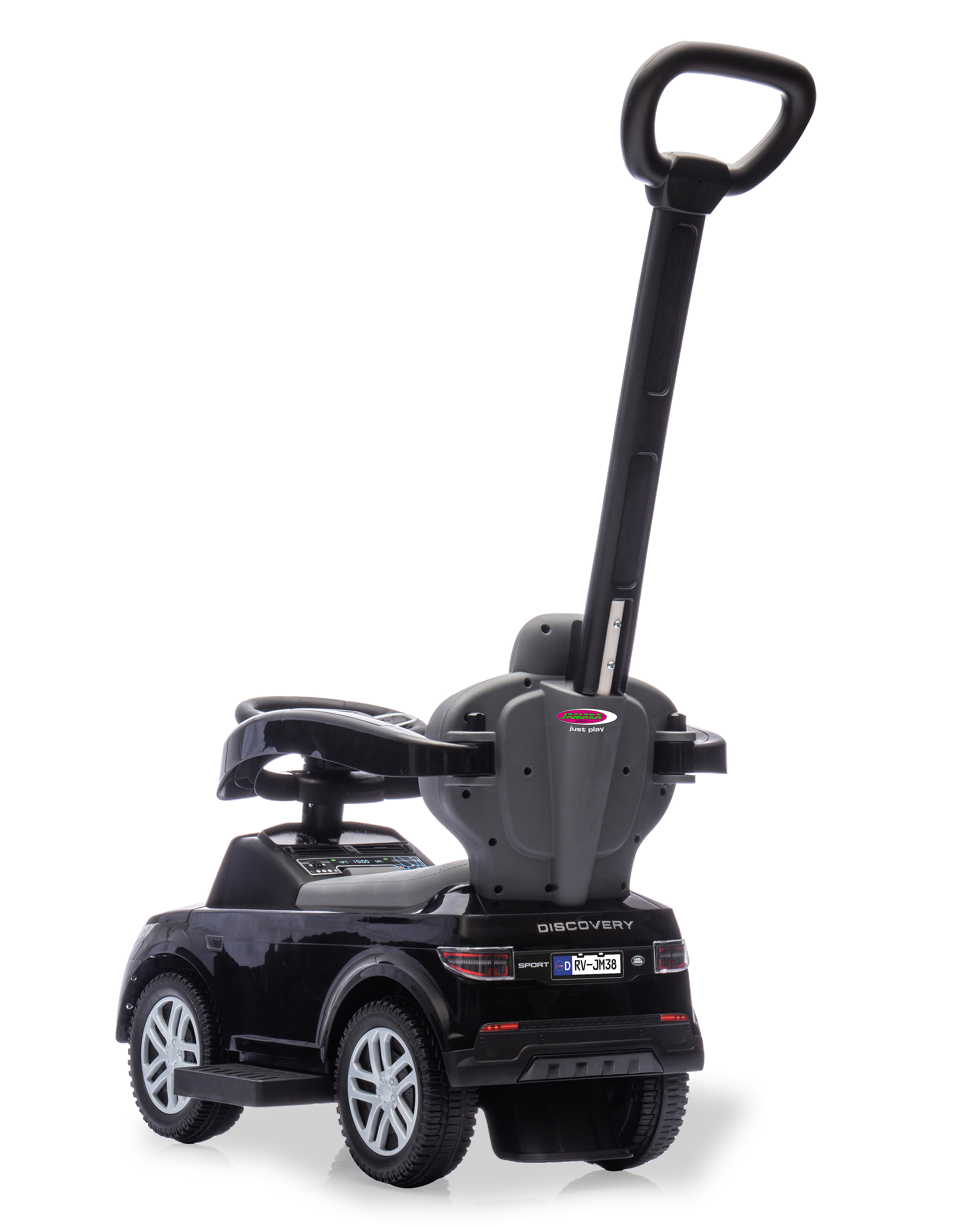Ein schwarzes Spielzeugauto mit Schiebegriff, weißen Rädern und dem Wort 'DISCOVERY' auf der Rückseite.