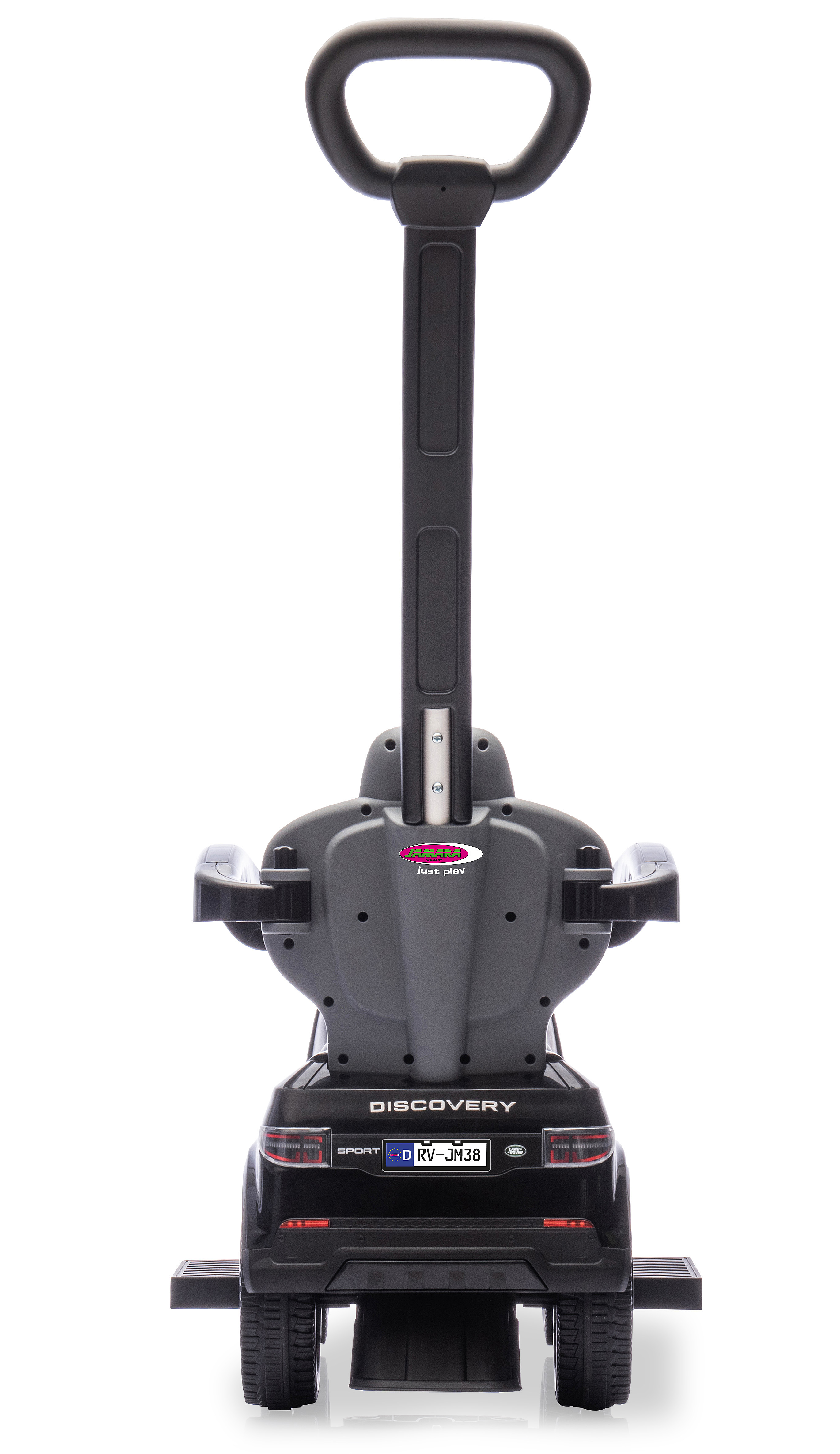 Schwarzes Spielzeugauto mit langem Griff, Discovery-Modell, mit Kennzeichen und Rücklichtern, isoliert auf weißem Hintergrund.