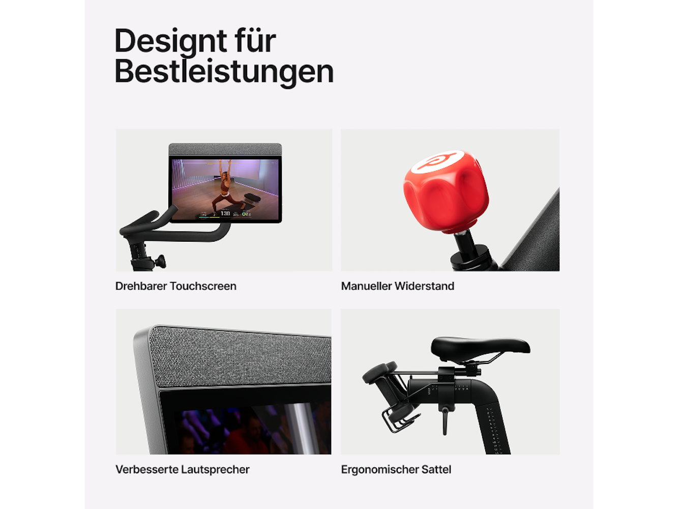 Das Bild zeigt vier Details eines Fitness-Bikes: Touchscreen, roter Widerstandsknopf, Lautsprecher und ergonomischer Sitz.