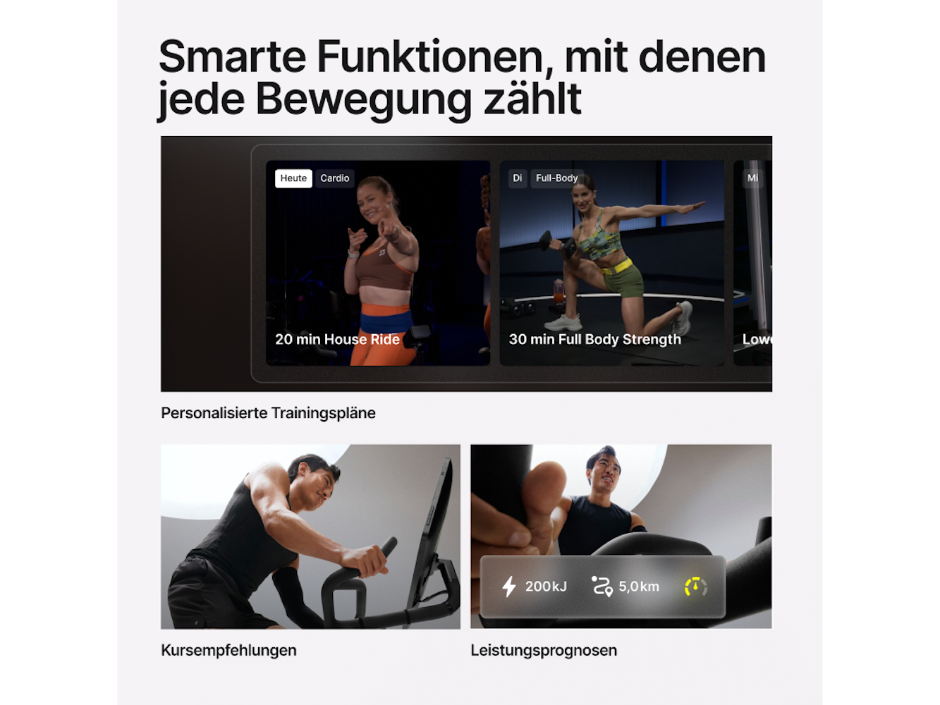 Das Bild zeigt Trainingsbildschirme, trainierende Personen und Leistungskennzahlen auf einem Fahrrad.