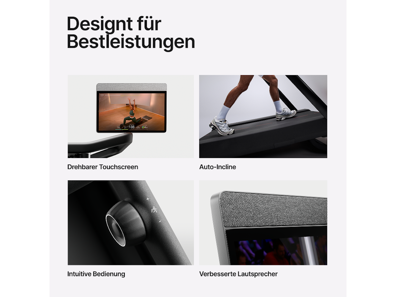 Das Bild zeigt ein Fitnessgerät mit einem Bildschirm, der ein Training anzeigt, eine Person, die auf einem Laufband läuft, einen Drehknopf und einen Lautsprecher.