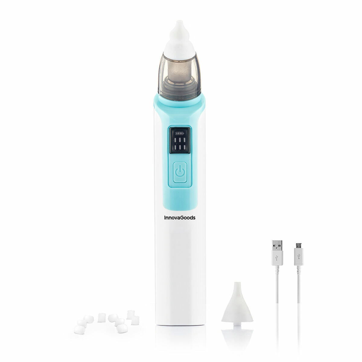 Aspirador nasal blanco y celeste con accesorios. Incluye cables de carga, puntas de repuesto y pequeños filtros blancos. Marca InnovaGoods.