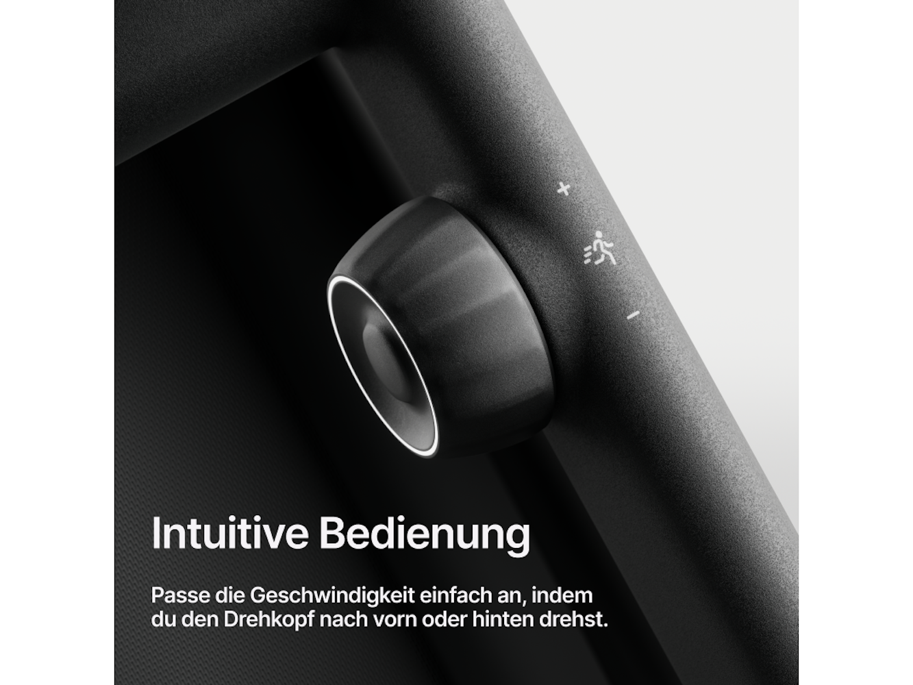 Nahaufnahme eines schwarzen Bedienfelds mit einem Drehknopf und Anzeigen. Text sagt 'Intuitive Bedienung'. Der Drehknopf dient zur Geschwindigkeitsanpassung.
