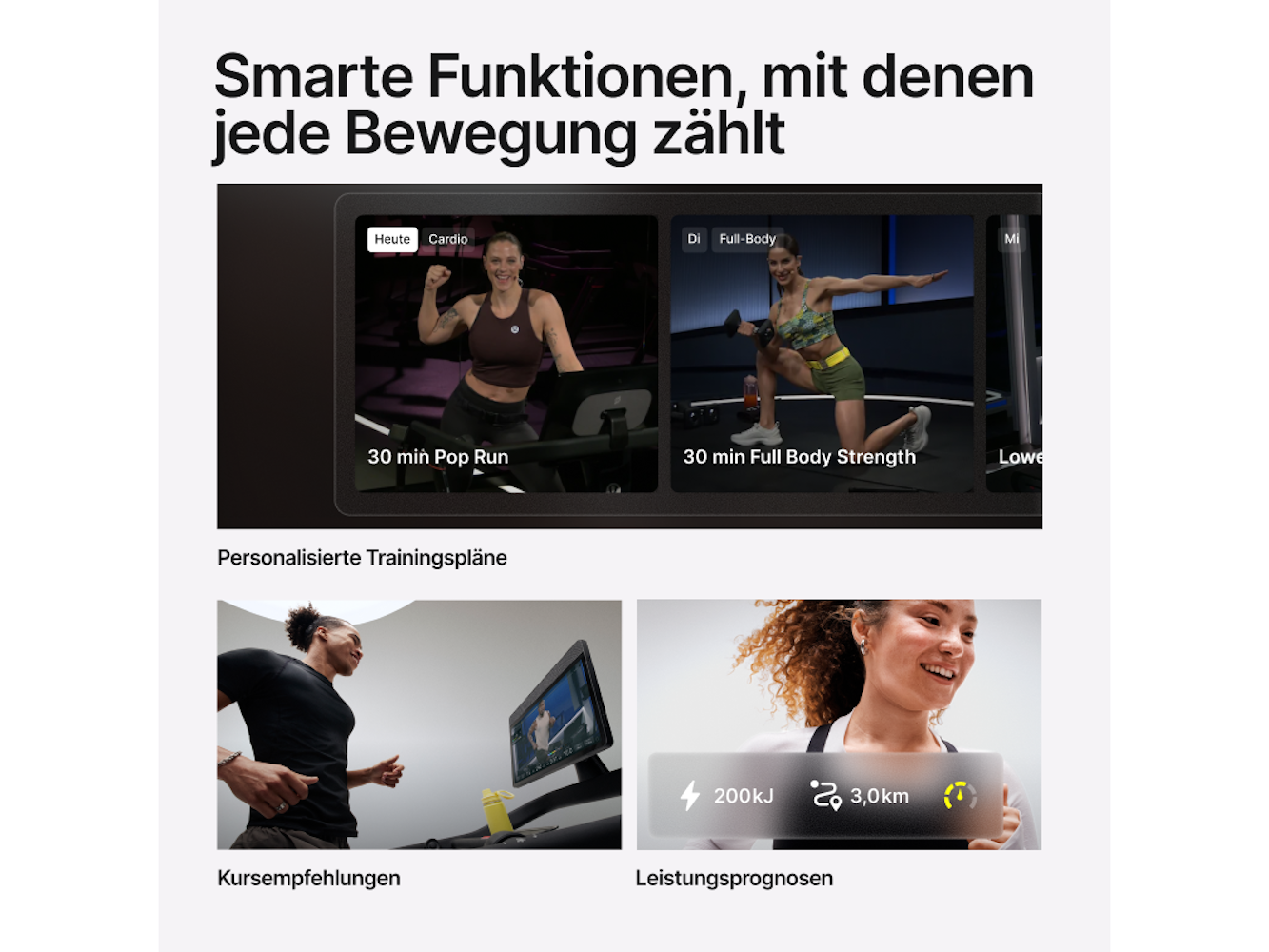 Das Bild zeigt eine Fitness-App-Oberfläche mit Trainingsbeispielen und eine Frau, die auf einem Laufband läuft. Datenmetriken werden angezeigt.