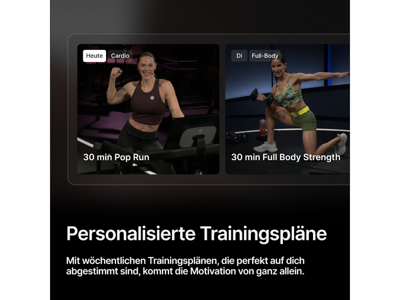 Zwei Workout-Videos auf einem Bildschirm. Eines zeigt eine Frau auf einem Laufband, das andere Gewichte hebend. Text: Personalisierte Trainingspläne.