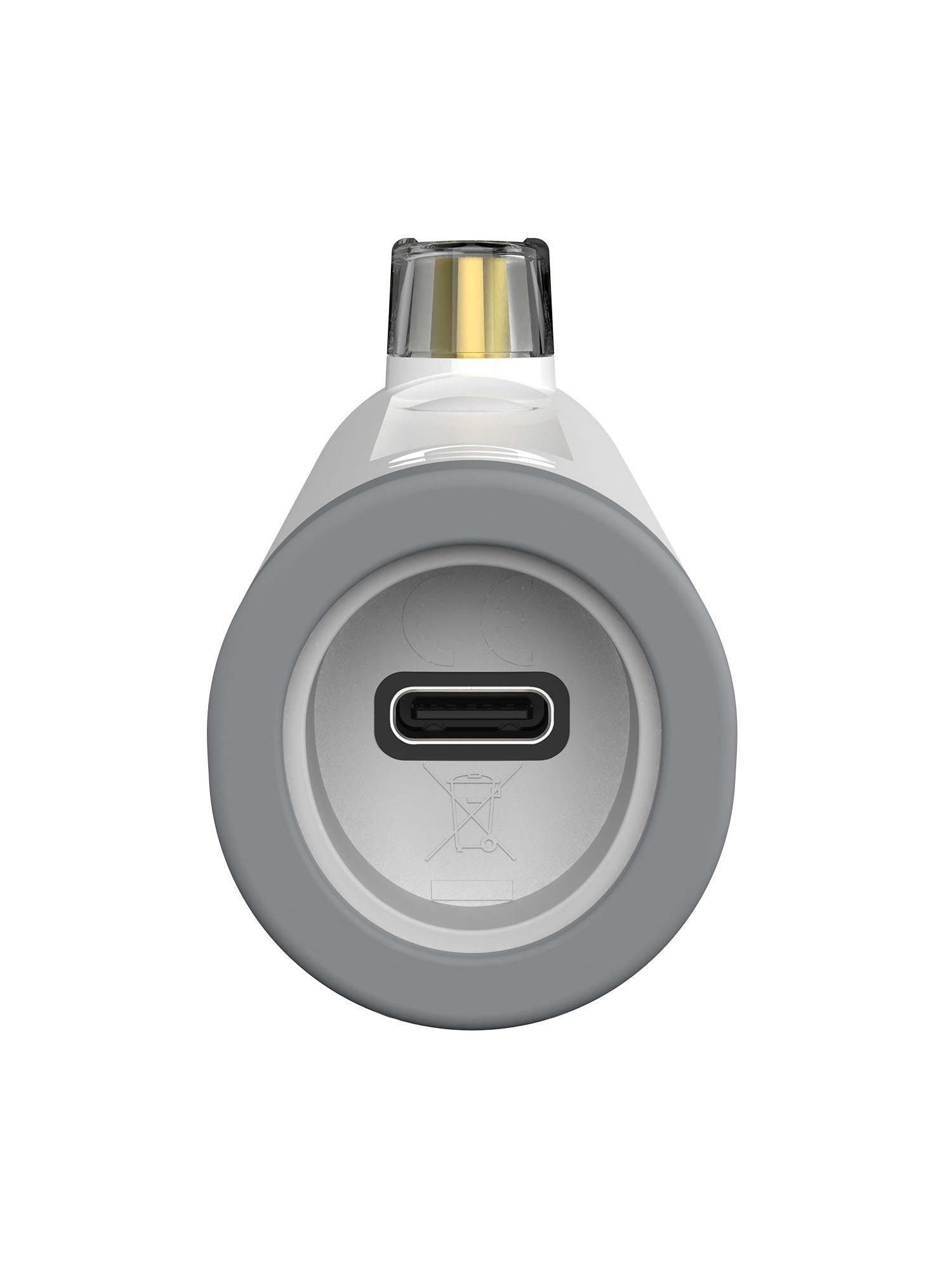 Nahaufnahme eines weißen und grauen elektronischen Geräts mit USB-C-Anschluss. Es hat eine transparente Oberseite mit goldener Innenseite.