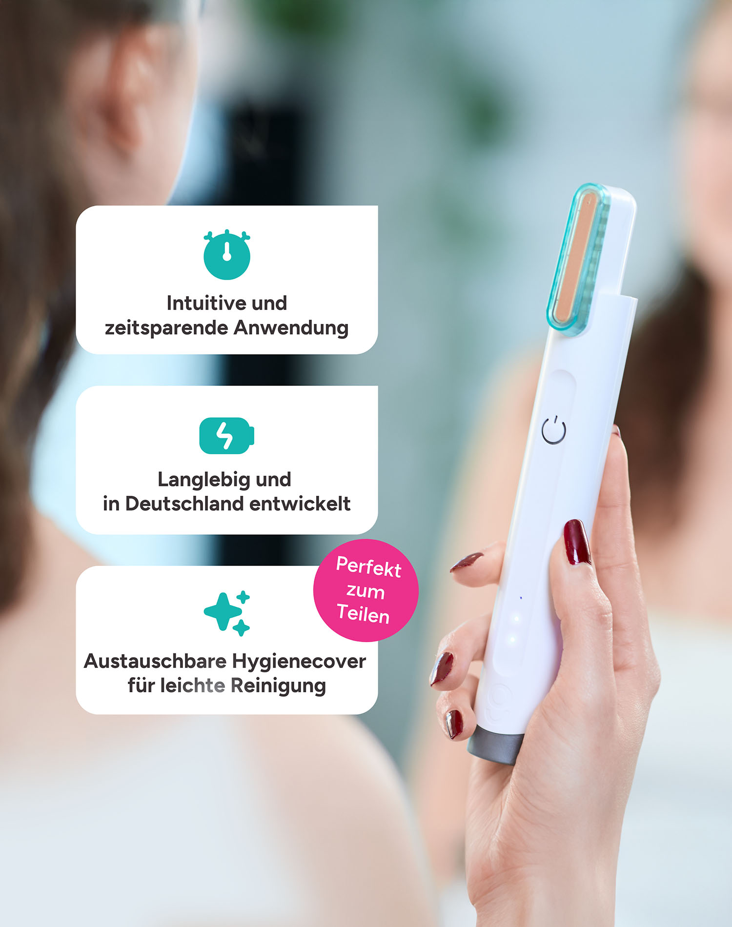 Eine Hand hält ein weißes Gerät. Text weist auf intuitive Bedienung, langlebiges Design und austauschbare Hygienecover hin.