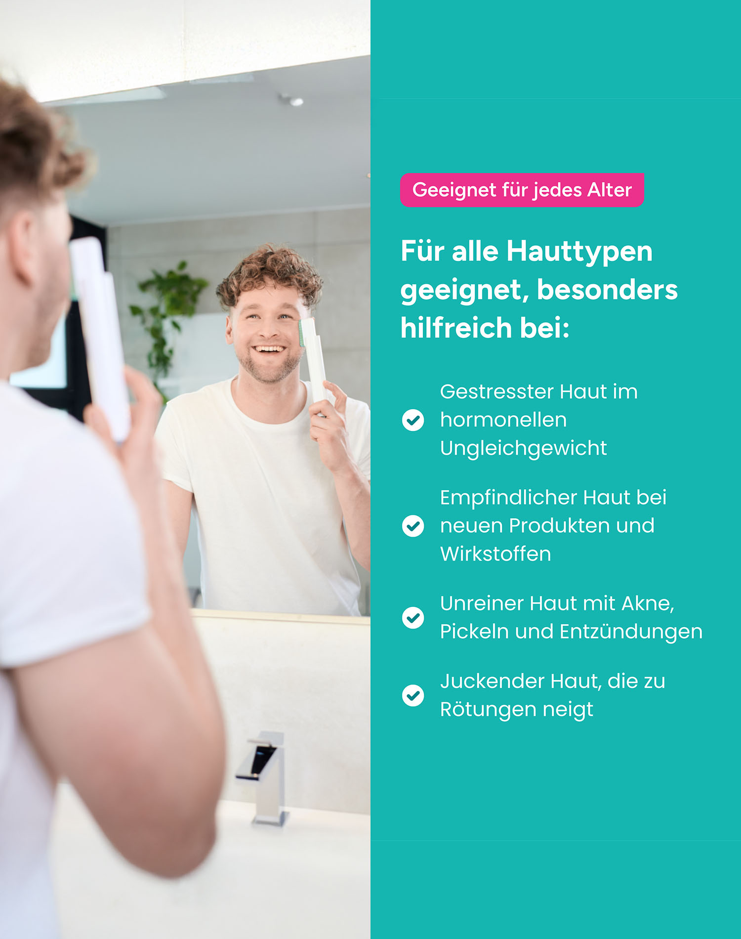 Ein Mann im weißen Hemd benutzt ein Hautpflegegerät vor einem Spiegel. Text hebt Vorteile für die Haut hervor, wie Akne und Rötungen.
