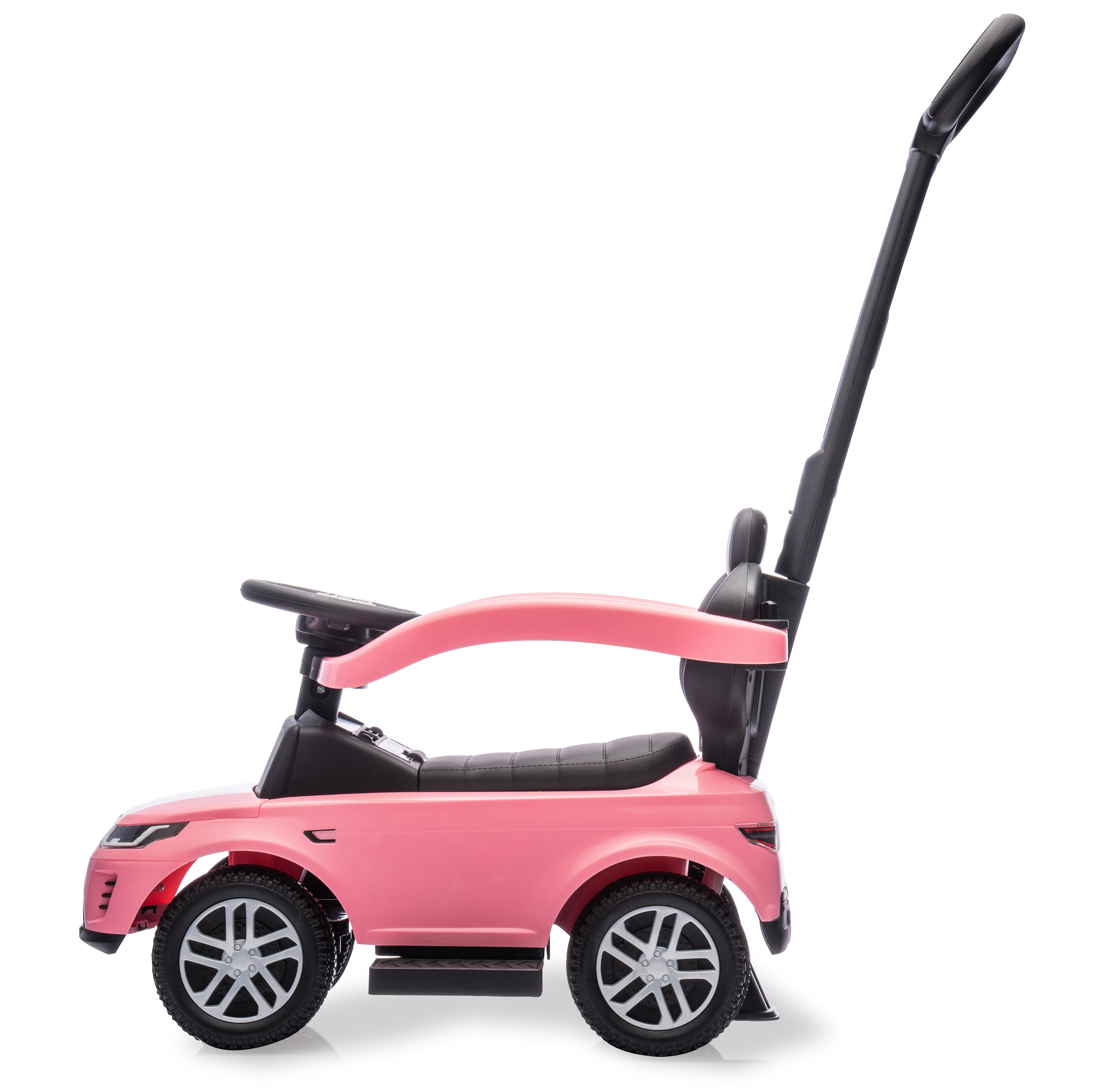 Un'auto giocattolo rosa con ruote nere, una maniglia e un sedile. È isolata su sfondo bianco.