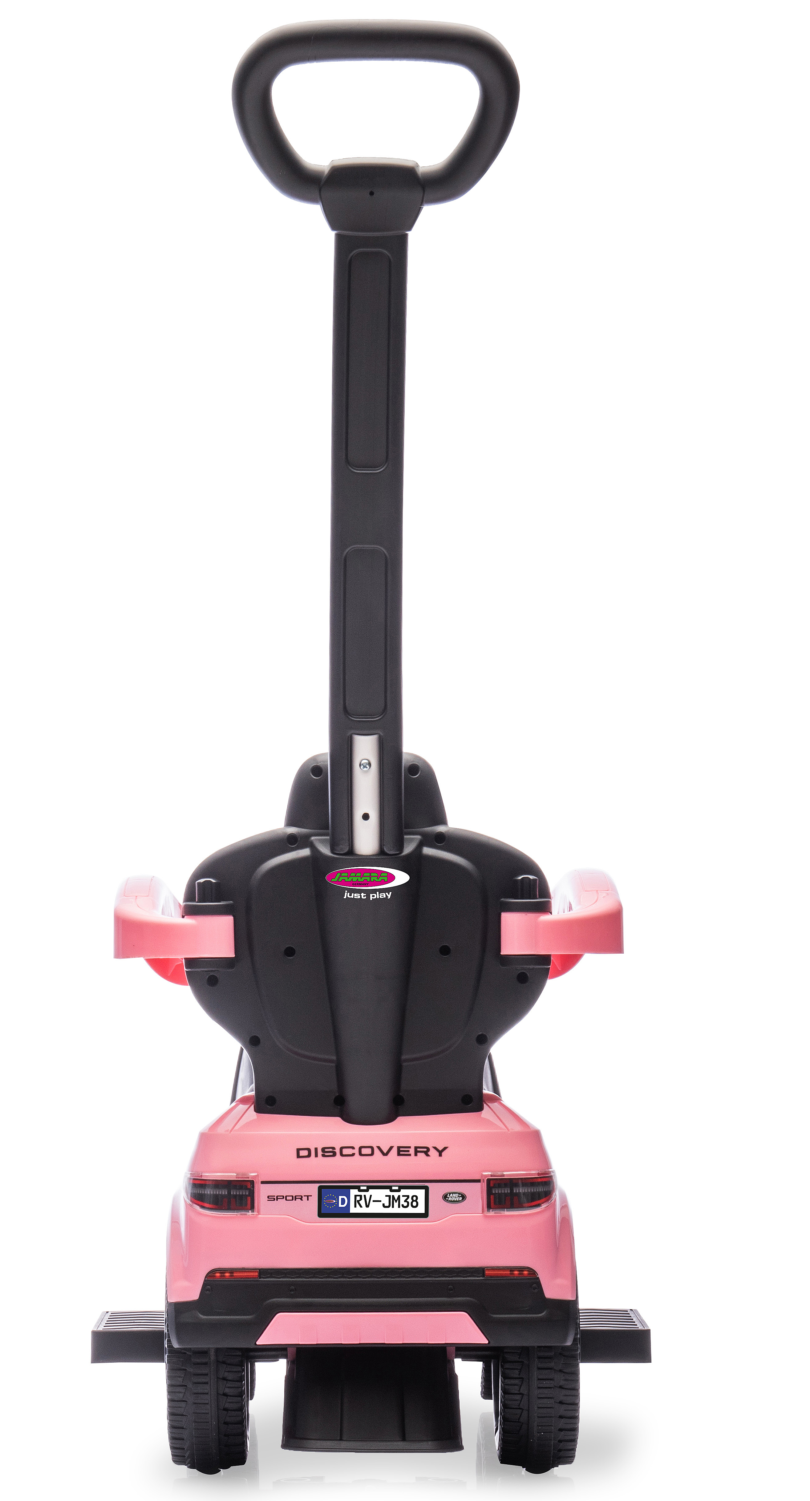 Un'auto giocattolo rosa e nera con maniglia. Ha un logo 'Discovery' e una targa. Lo sfondo è bianco.