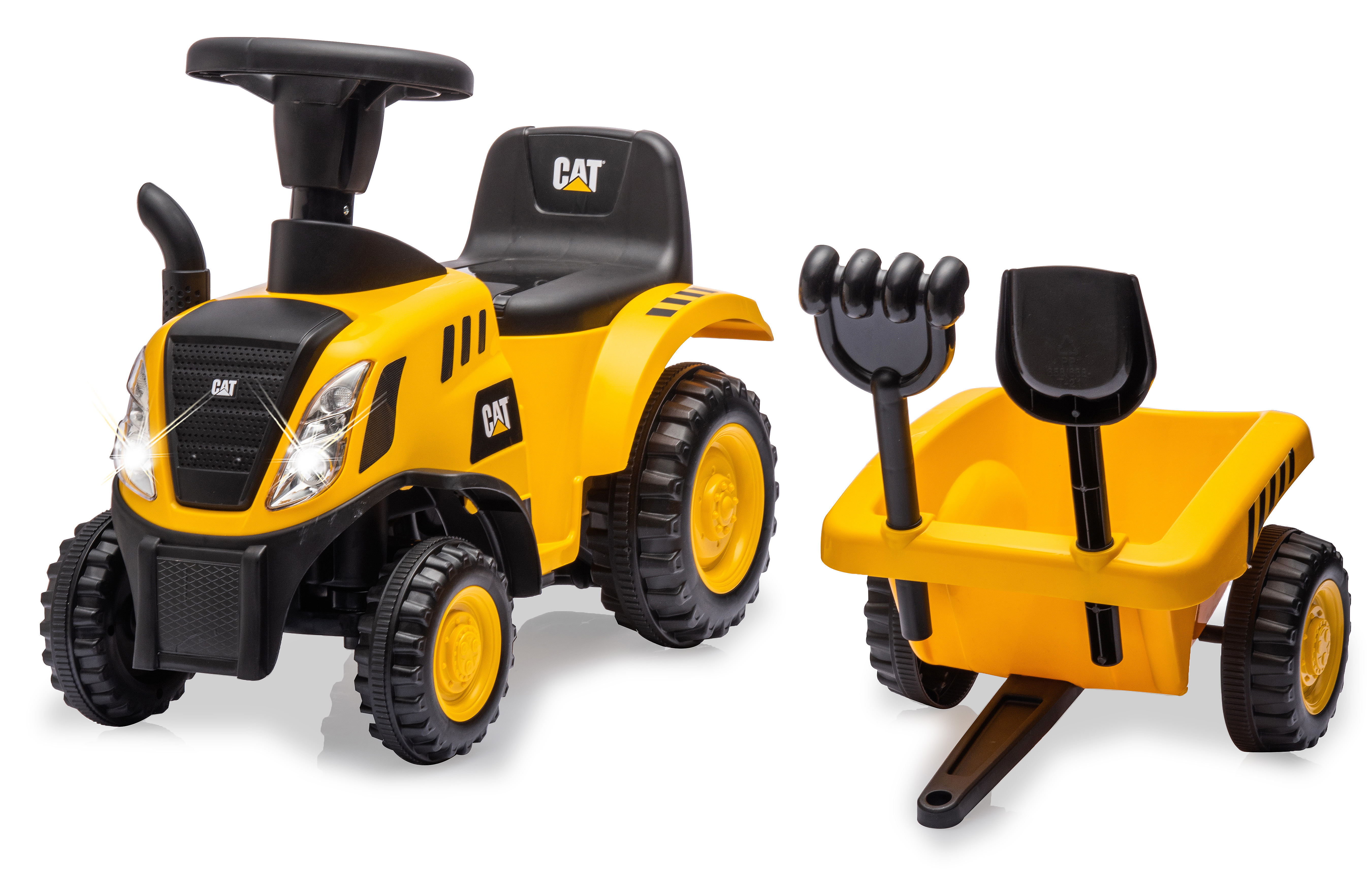 Ein gelber CAT-Spielzeugtraktor mit schwarzem Sitz und ein gelber Wagen mit schwarzen Werkzeugen.