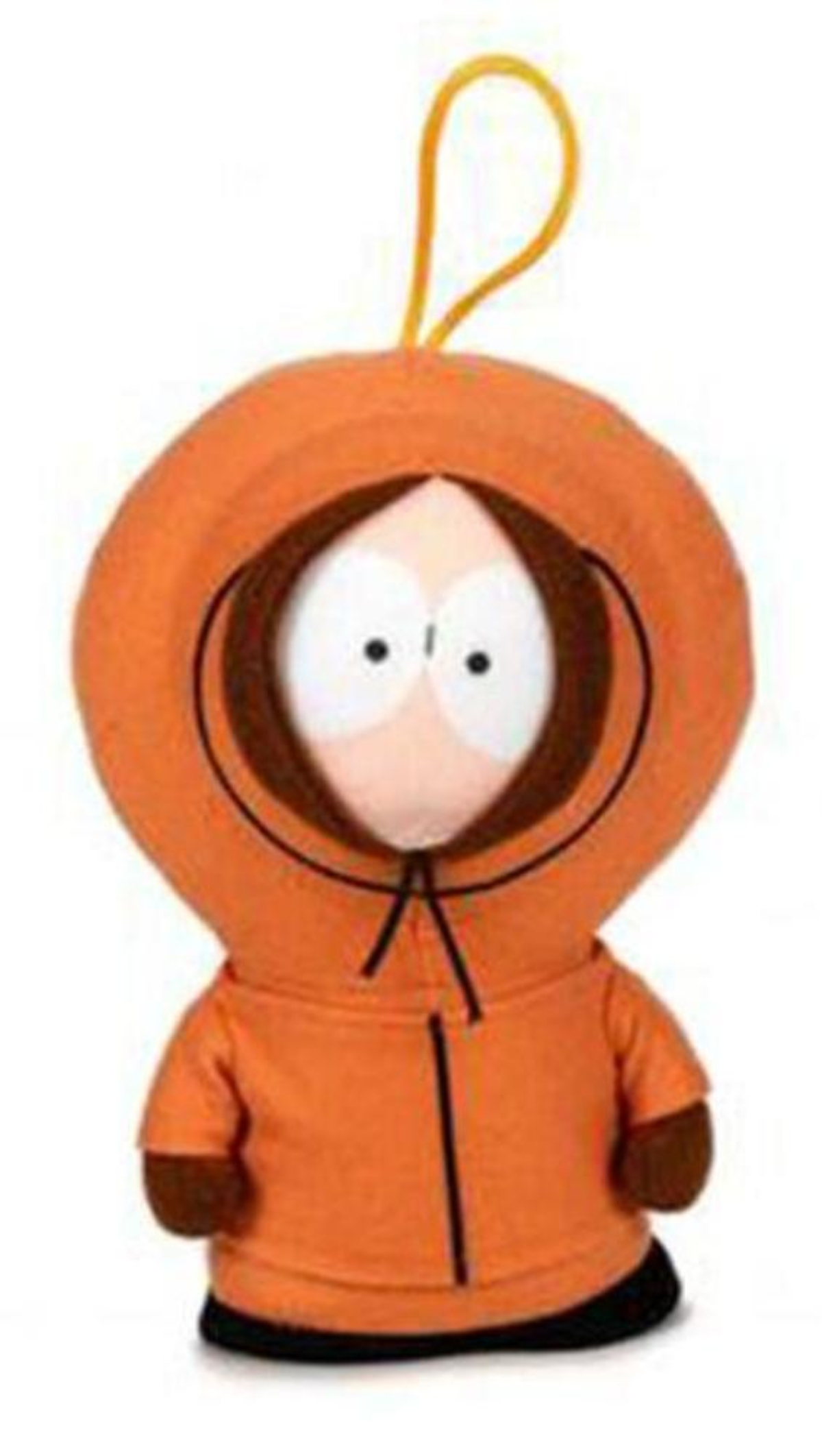 Ein Plüschtier von Kenny aus South Park. Es hat eine orangefarbene Kapuzenjacke, große weiße Augen und einen gelben Aufhänger.