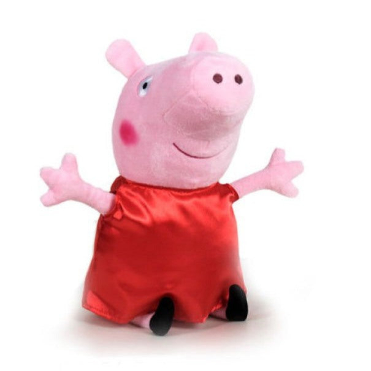 Ein rosa Peppa Wutz-Plüschtier mit rotem Kleid und schwarzen Schuhen, Arme ausgestreckt. Vor weißem Hintergrund.