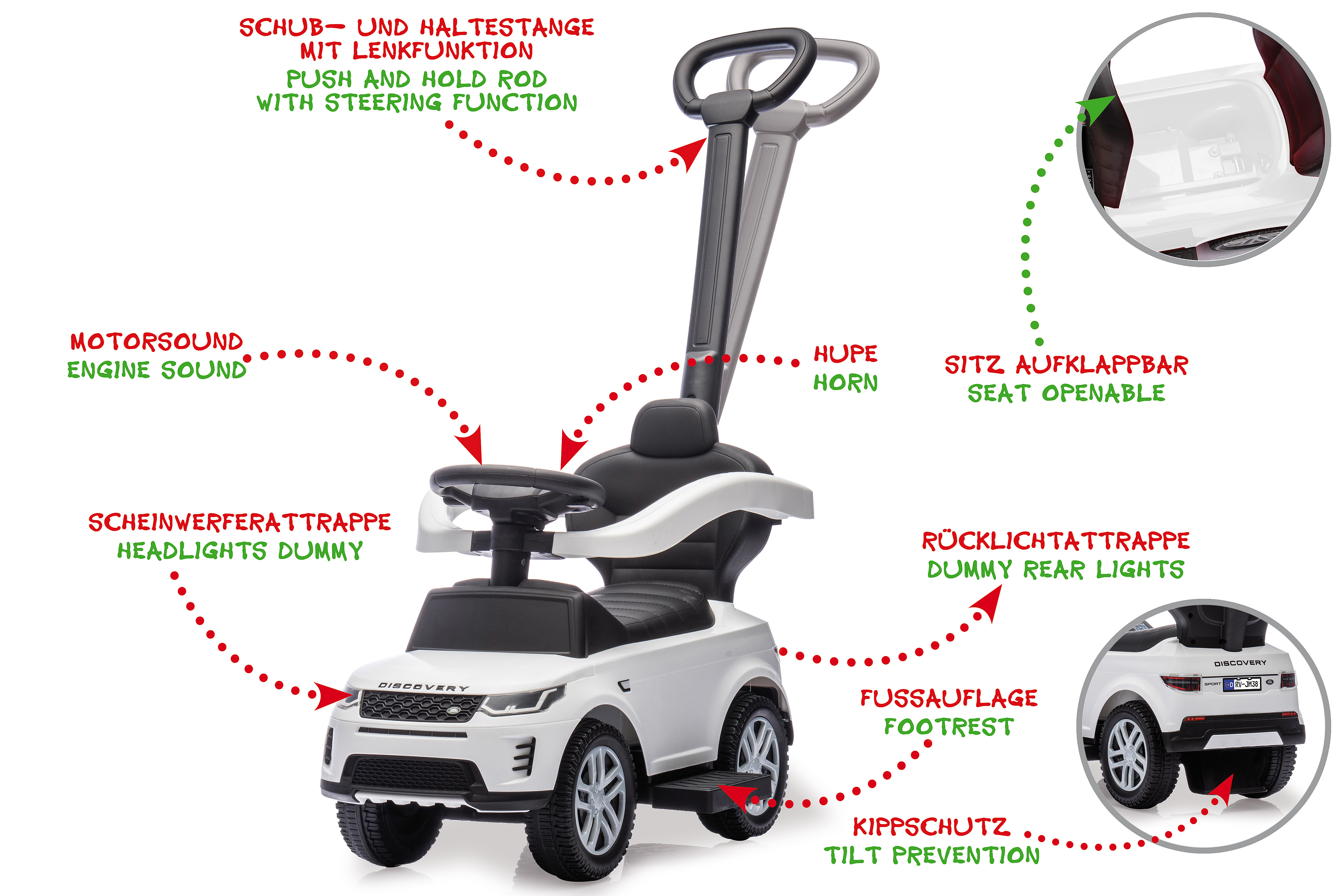 Un'auto giocattolo bianca con etichette. Include sterzo, clacson, sedile, luci finte, poggiapiedi e antiribaltamento.