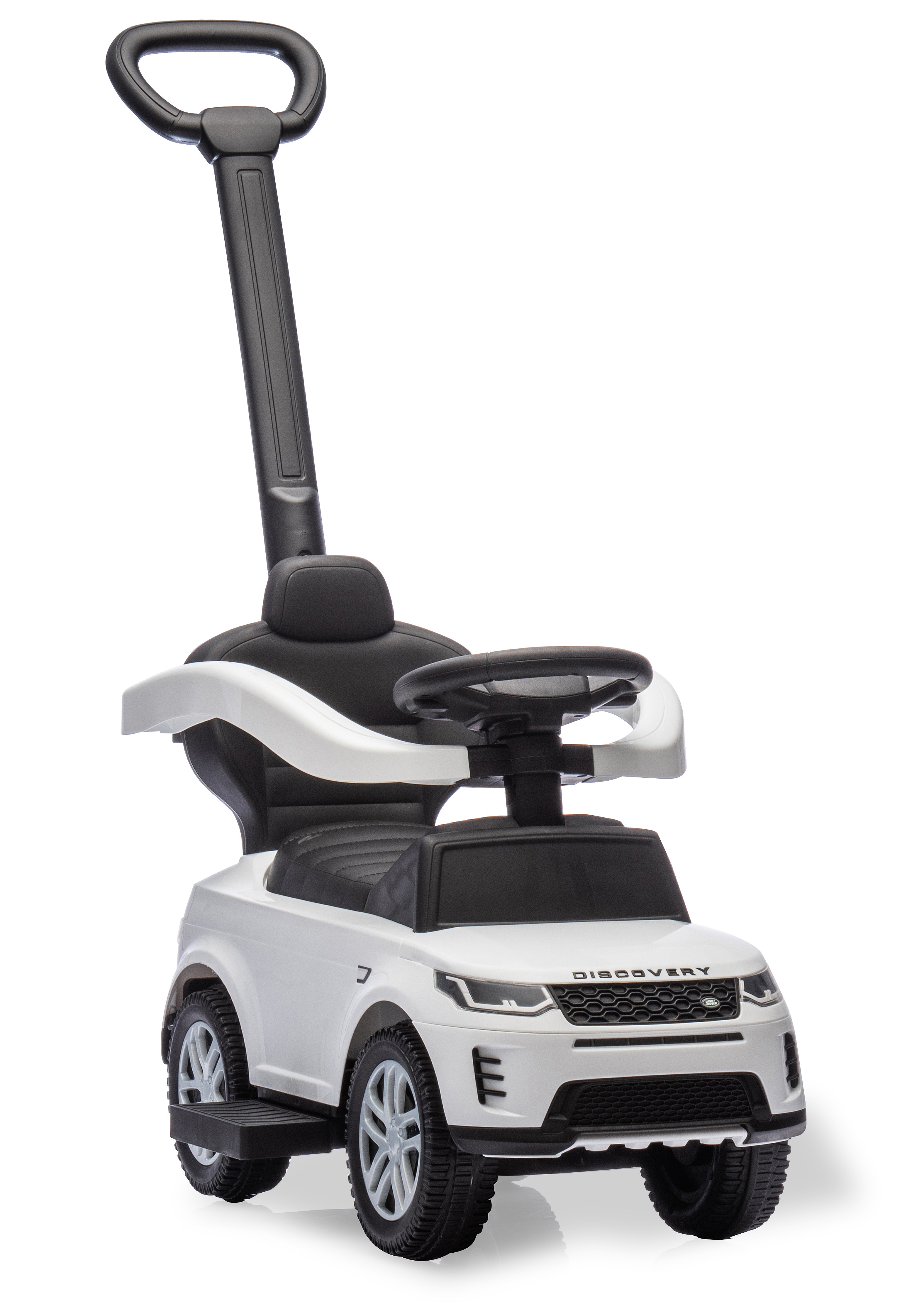Un'auto giocattolo bianca con dettagli neri, un volante e una maniglia. Ha un design Land Rover Discovery.