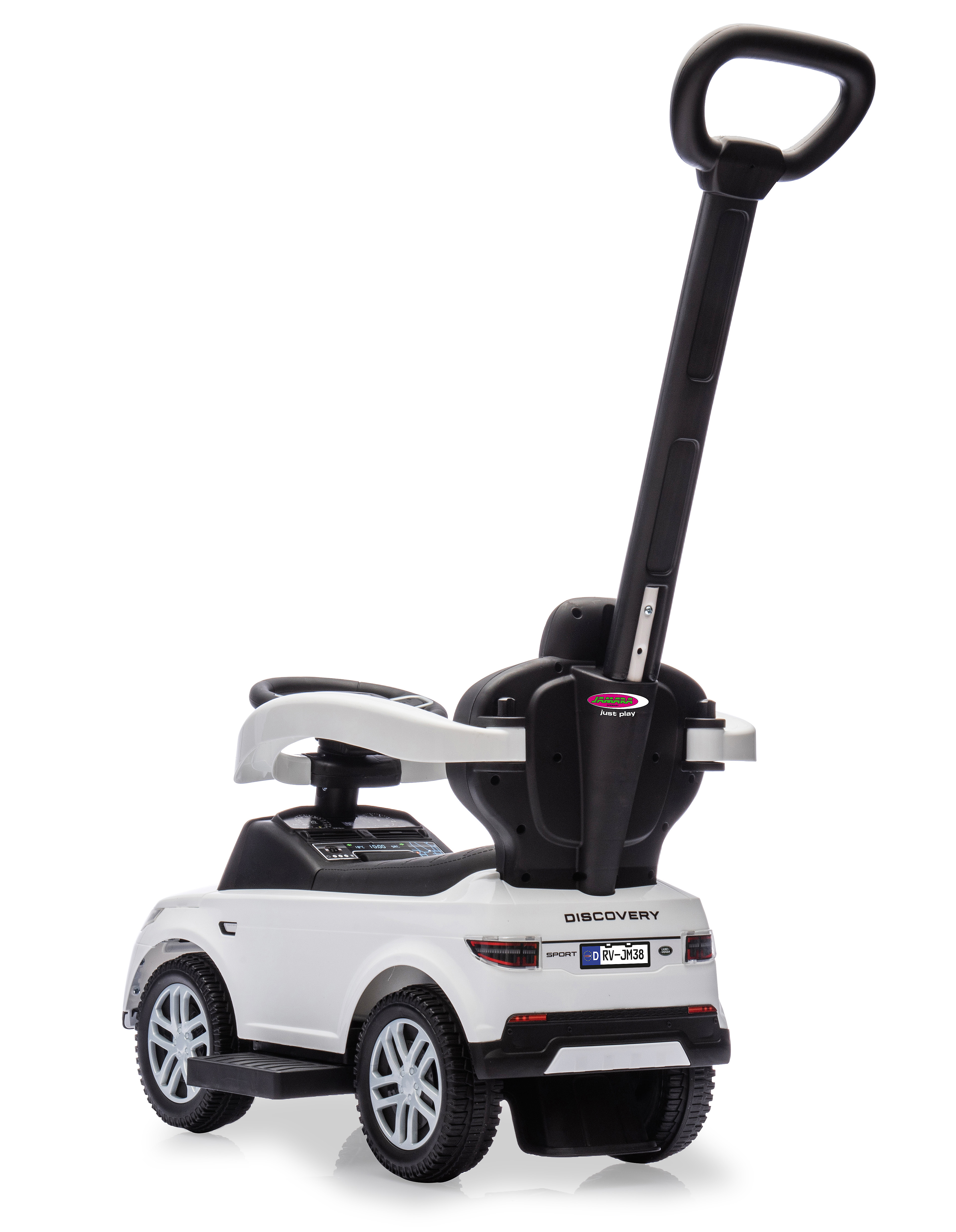 Un'auto giocattolo bianca con manico nero. Dice Discovery Sport.