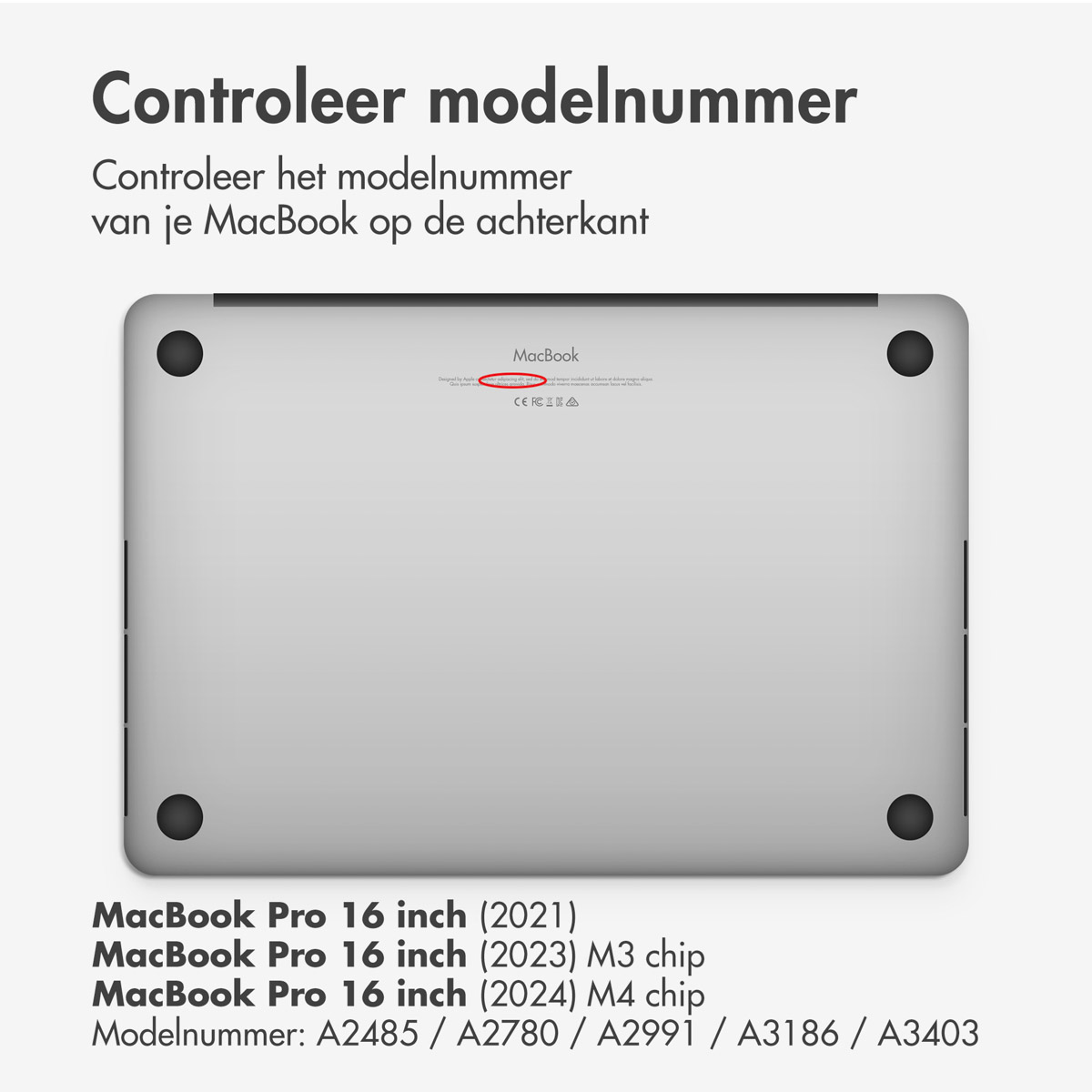 A MacBook's back is shown. Text overlay includes instructions on finding the model number. Model numbers and MacBook versions are listed.