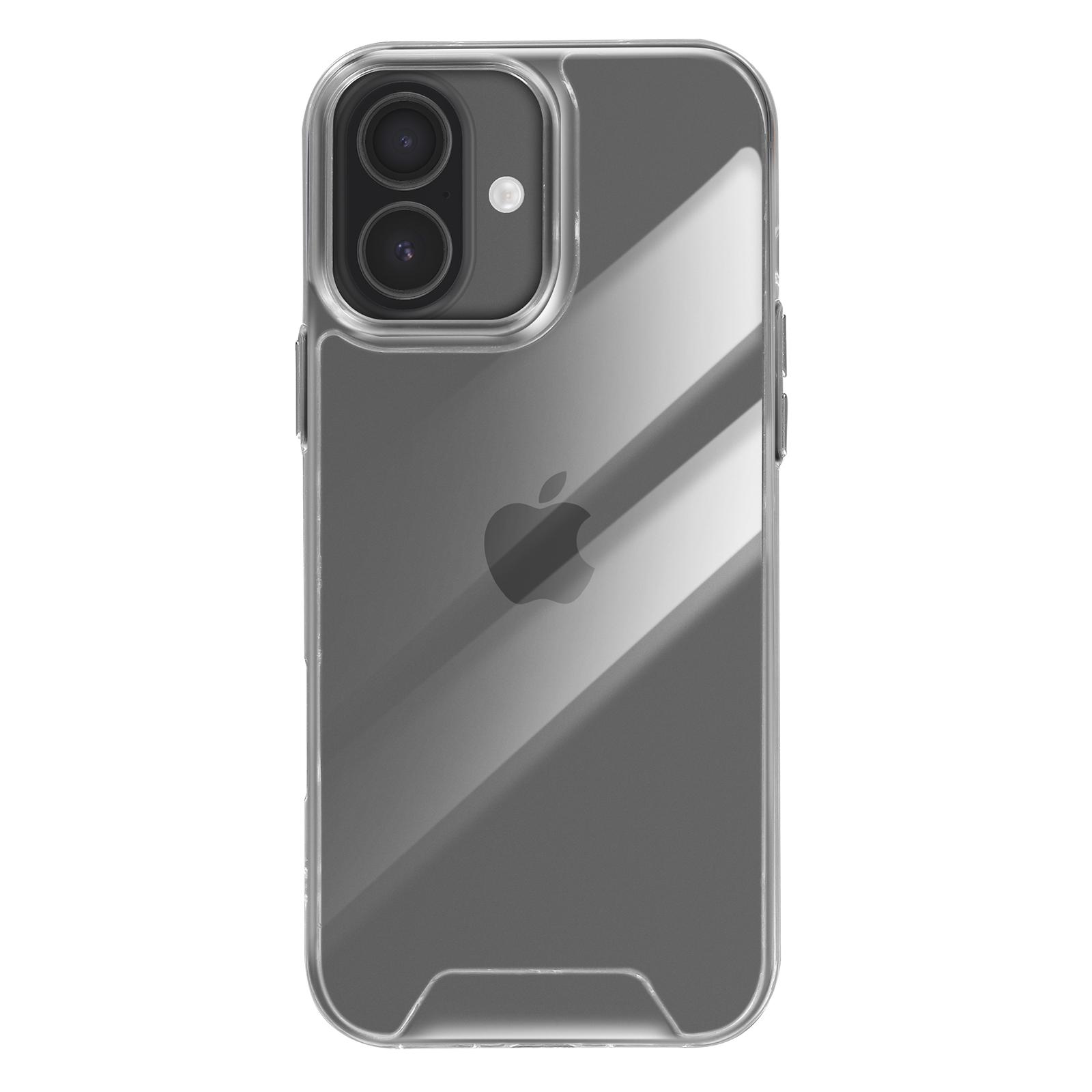 Custodia trasparente con ritaglio fotocamera. Logo Apple visibile, custodia trasparente.