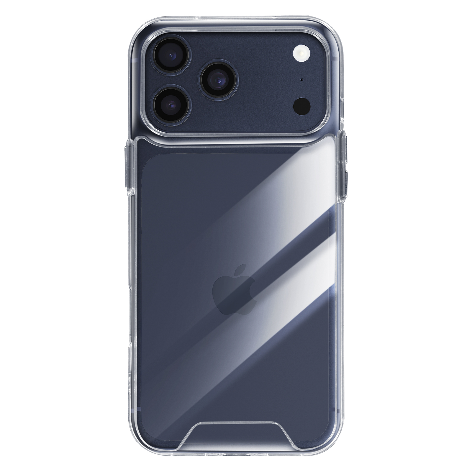 Custodia trasparente su telefono blu scuro, lenti fotocamera e logo Apple. Sfondo bianco.