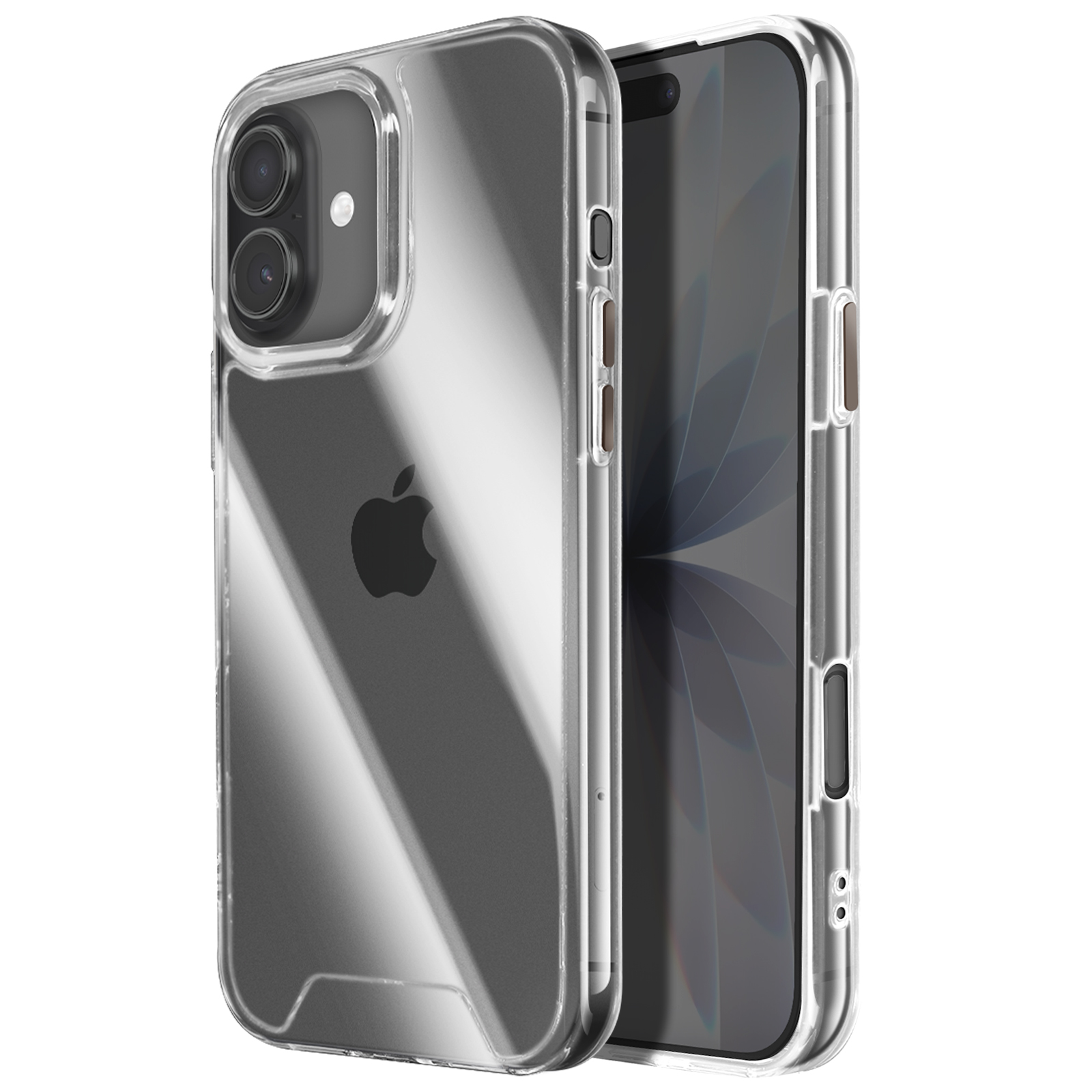Custodia trasparente con telefono all'interno. Il telefono ha uno schermo nero e la custodia un logo Apple.