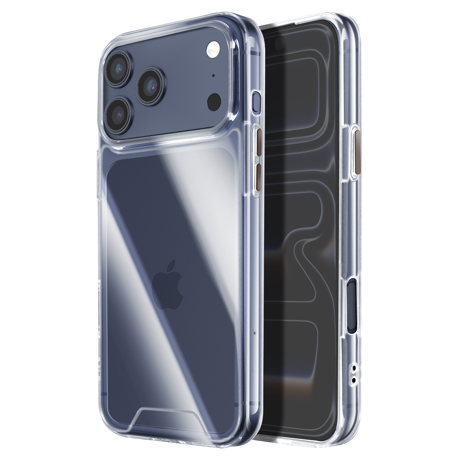 Due custodie trasparenti per telefono. Una è su un telefono, che mostra il logo Apple. L'altra è vuota. Entrambe su sfondo bianco.