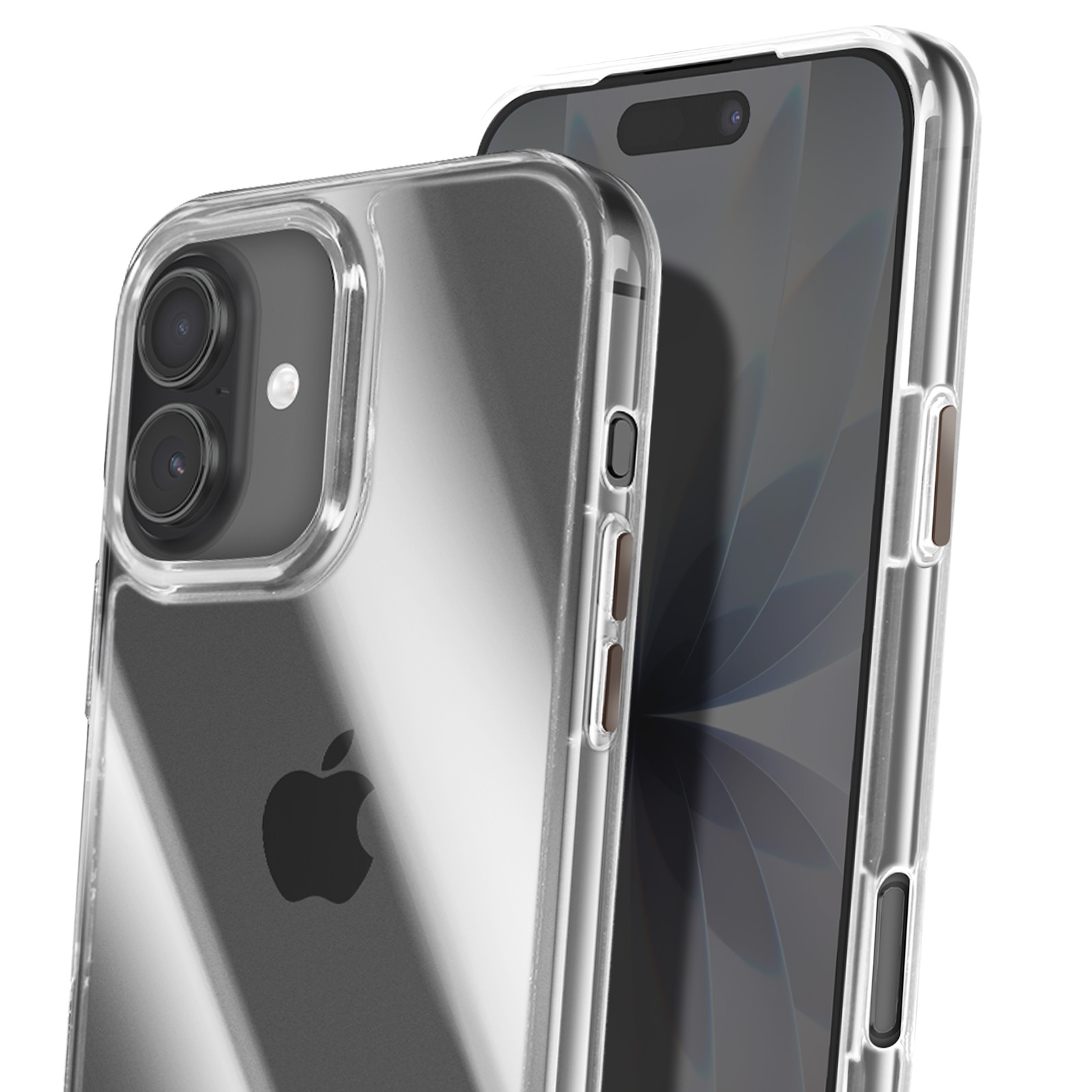 Due custodie trasparenti per telefono. Una mostra un logo Apple e l'altra una fotocamera. Entrambe le custodie sono su sfondo bianco.