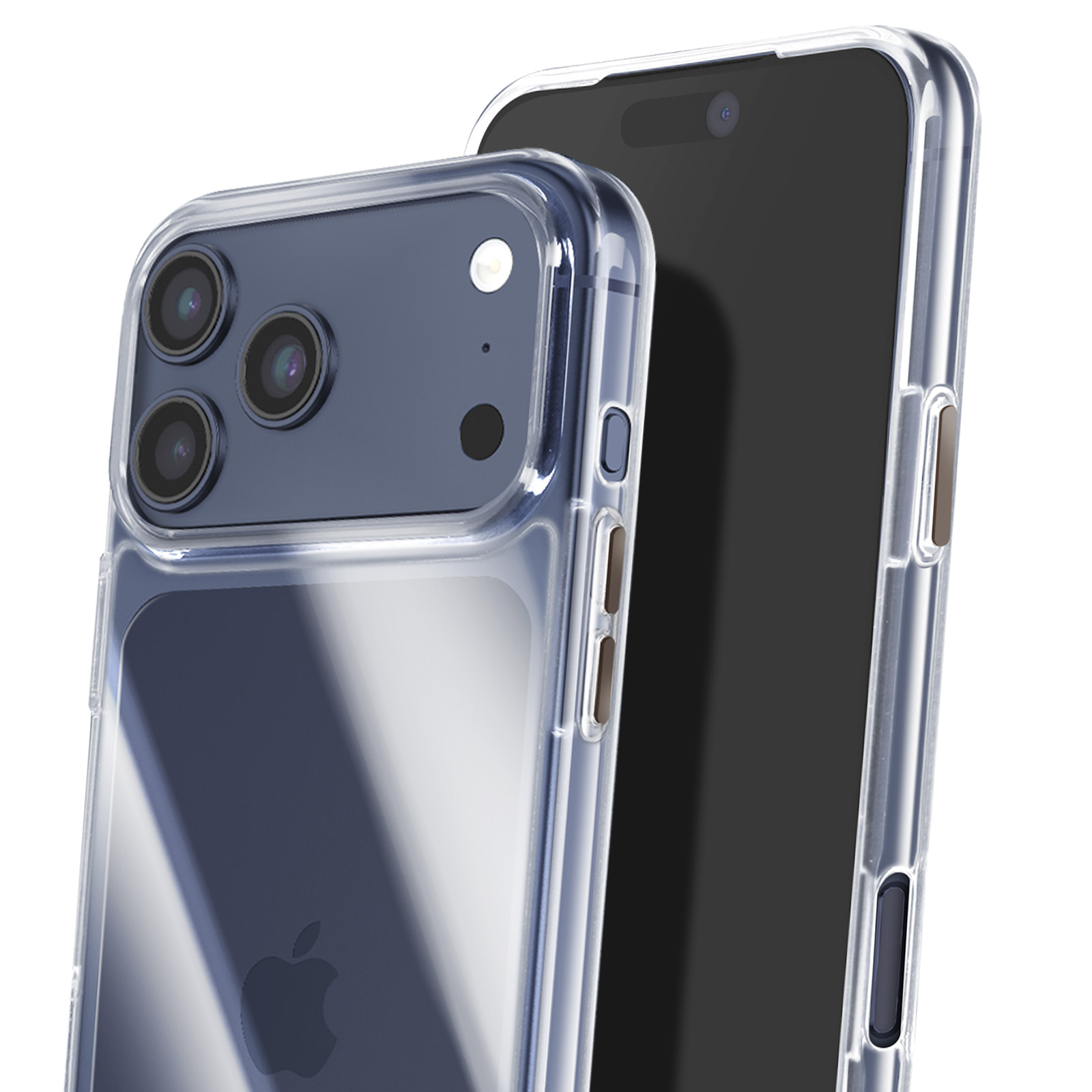 Due smartphone in custodie trasparenti. Uno ha tre fotocamere, l'altro uno schermo nero. Sfondo bianco.