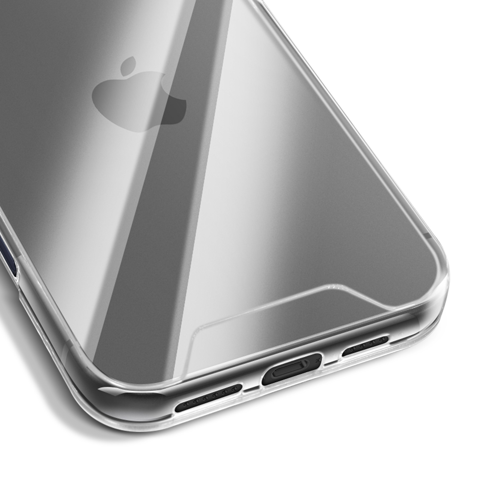 Custodia trasparente per telefono con logo Apple. In basso: porta di ricarica e fori per altoparlanti. Superficie trasparente.