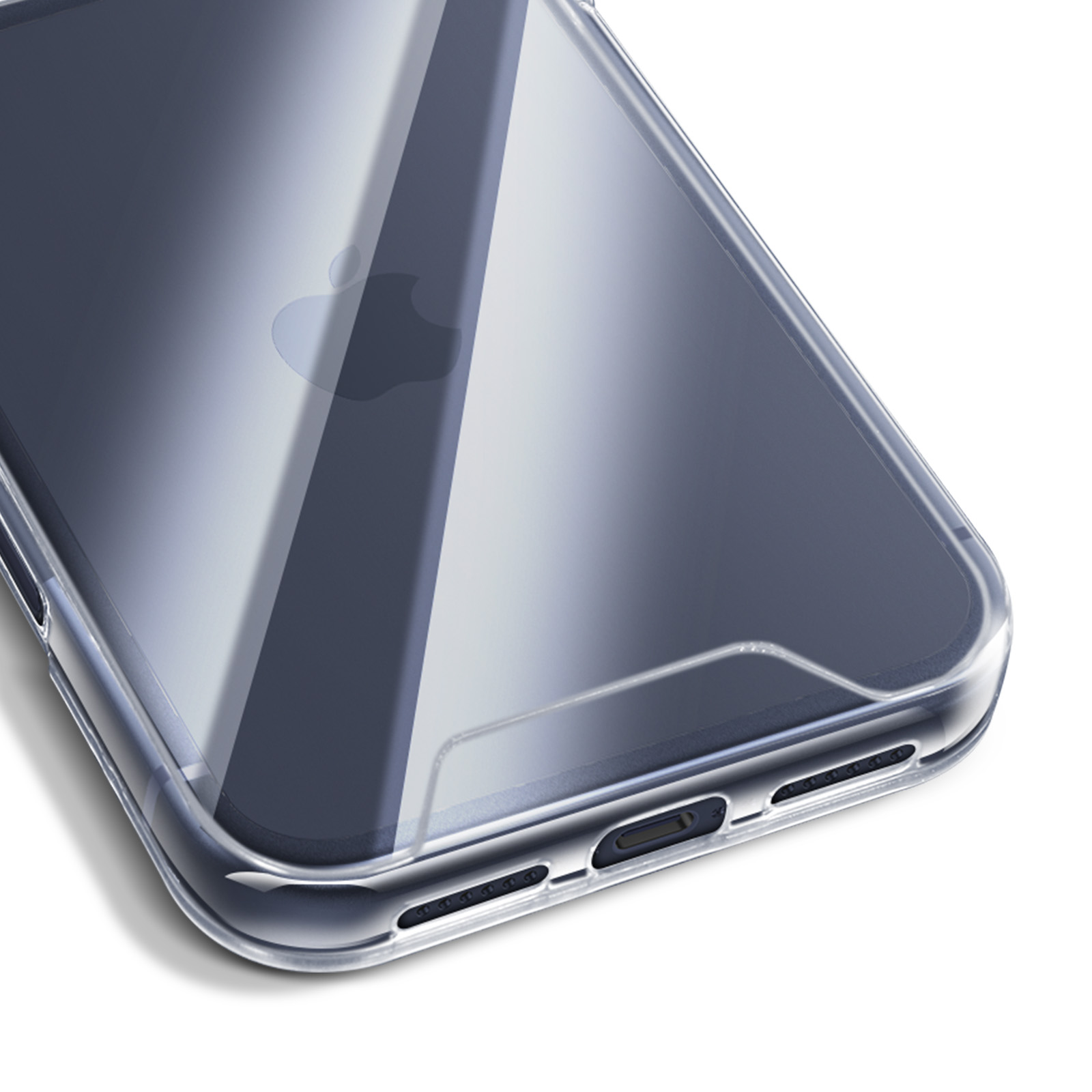 Custodia trasparente per telefono su sfondo bianco. Il logo Apple è visibile.