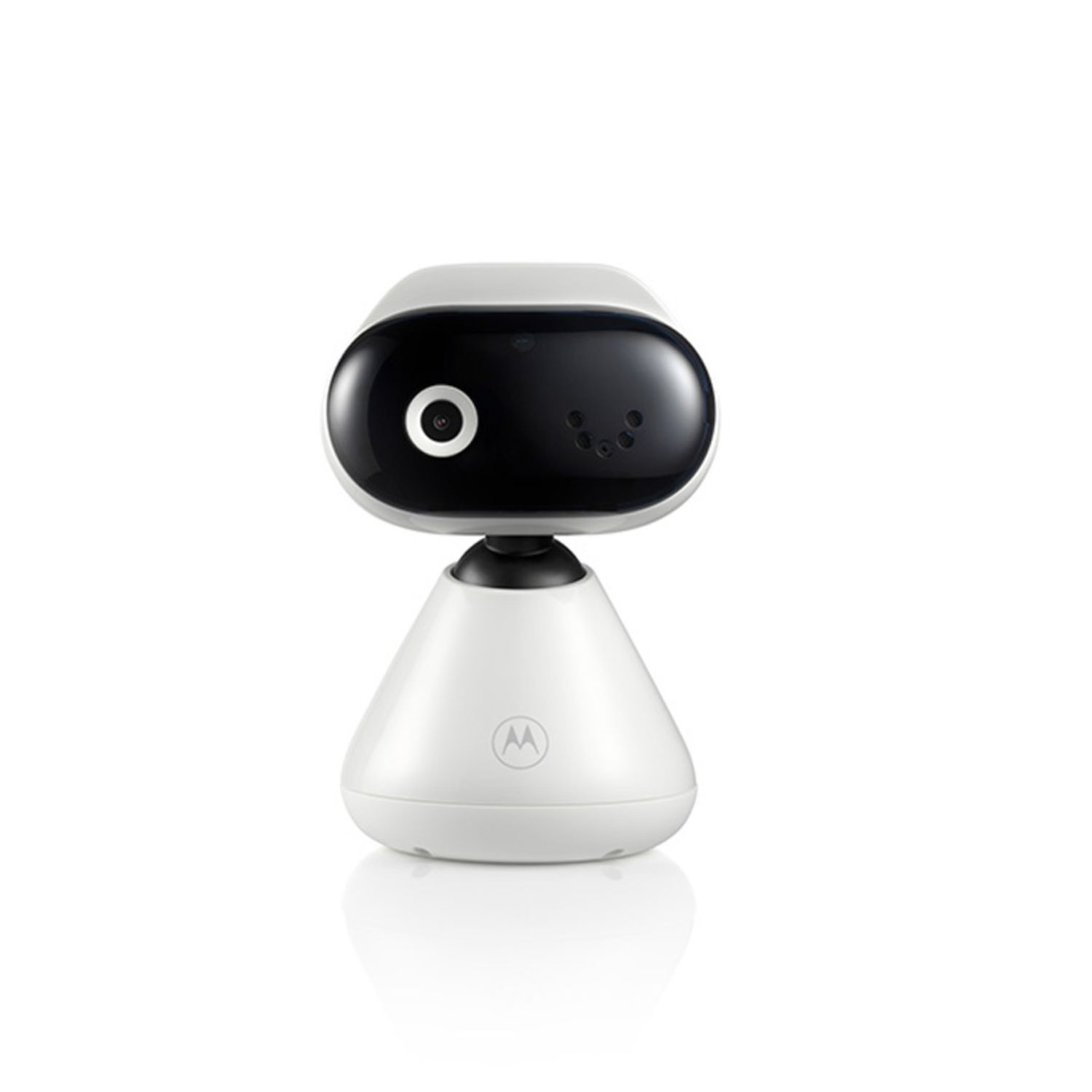 Un monitor para bebés blanco con una parte superior negra y una base blanca. Tiene una lente de cámara y el logotipo de Motorola en el frente.