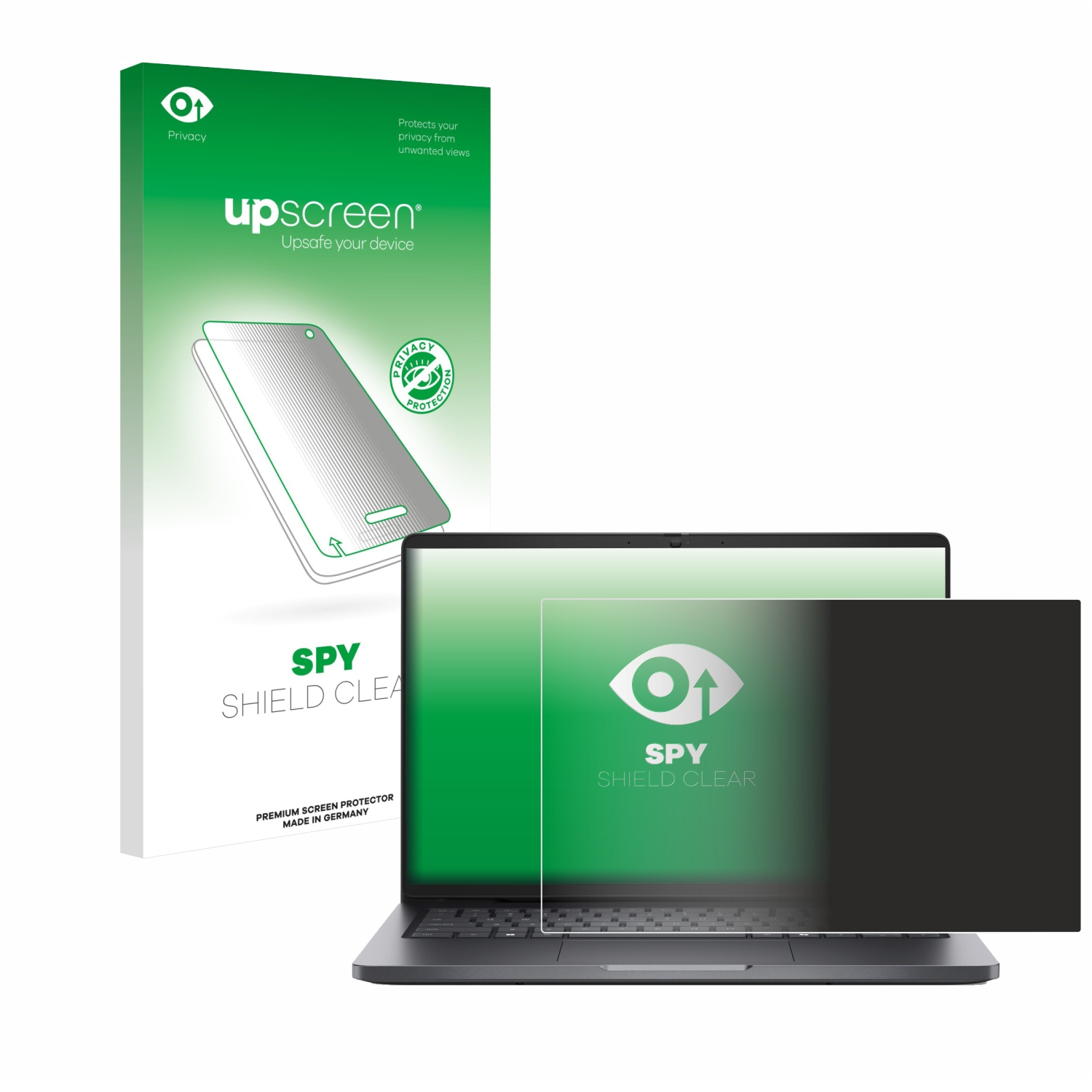 Ein Laptop mit einem Blickschutz. Eine Box mit dem Markennamen 'upscreen' befindet sich hinter dem Laptop.